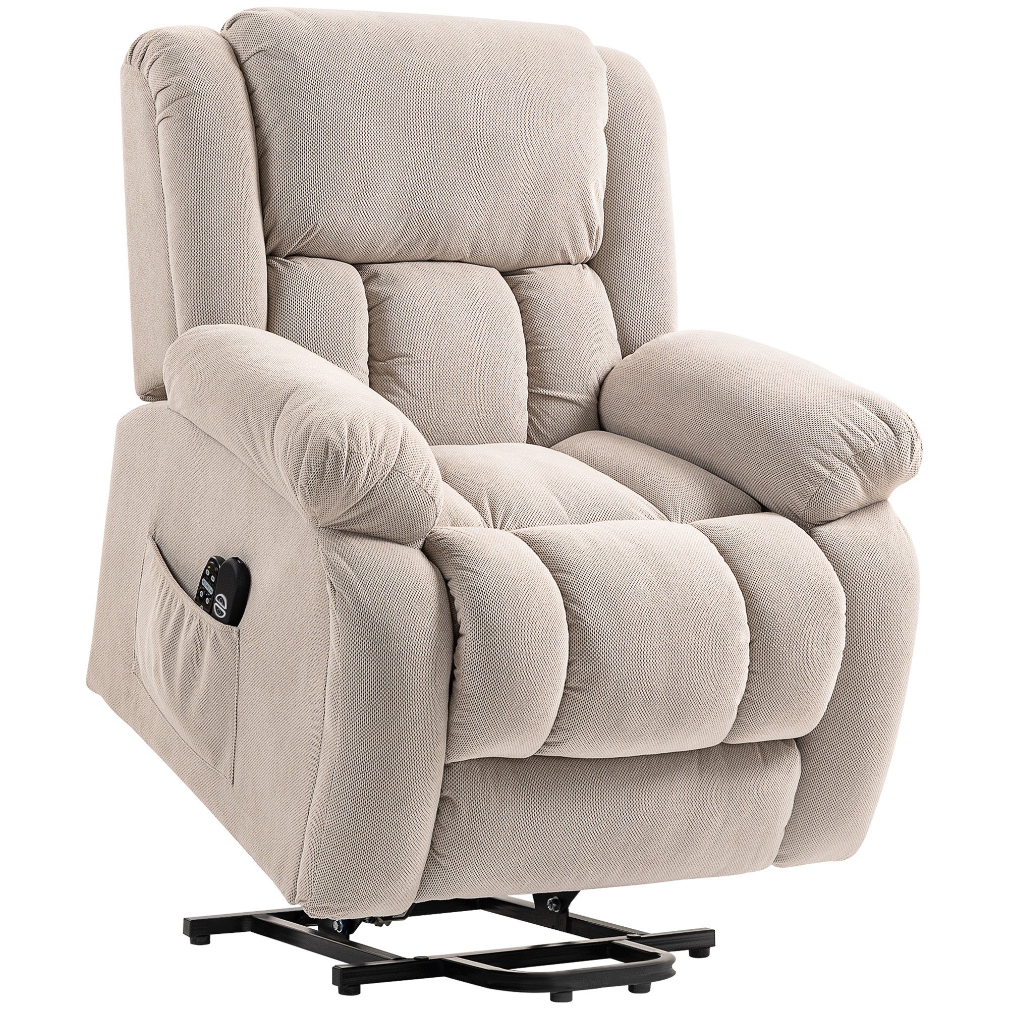 Fauteuil releveur électrique avec fonction massage et chauffage, fauteuil relax électrique avec dossier inclinable, ports USB, télécommande, repose-pied et poche latérale, beige
