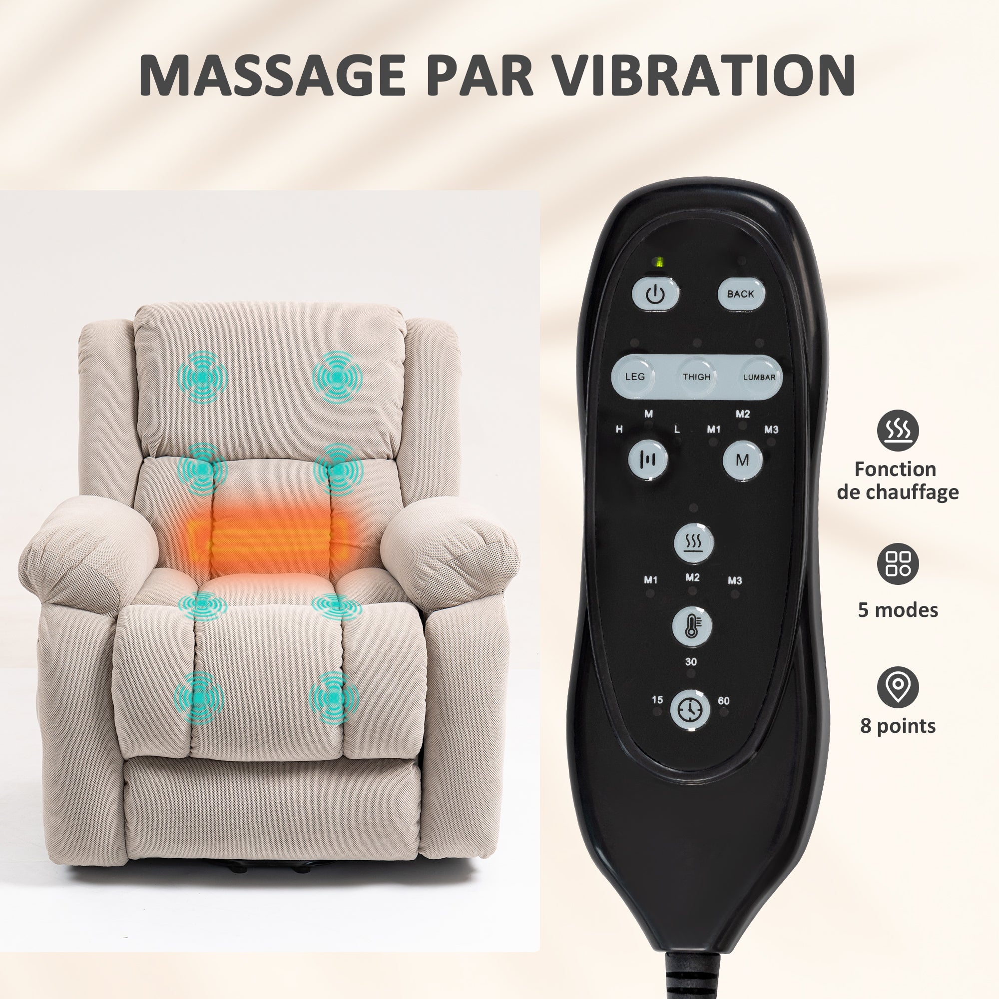 Fauteuil releveur électrique avec fonction massage et chauffage, fauteuil relax électrique avec dossier inclinable, ports USB, télécommande, repose-pied et poche latérale, beige