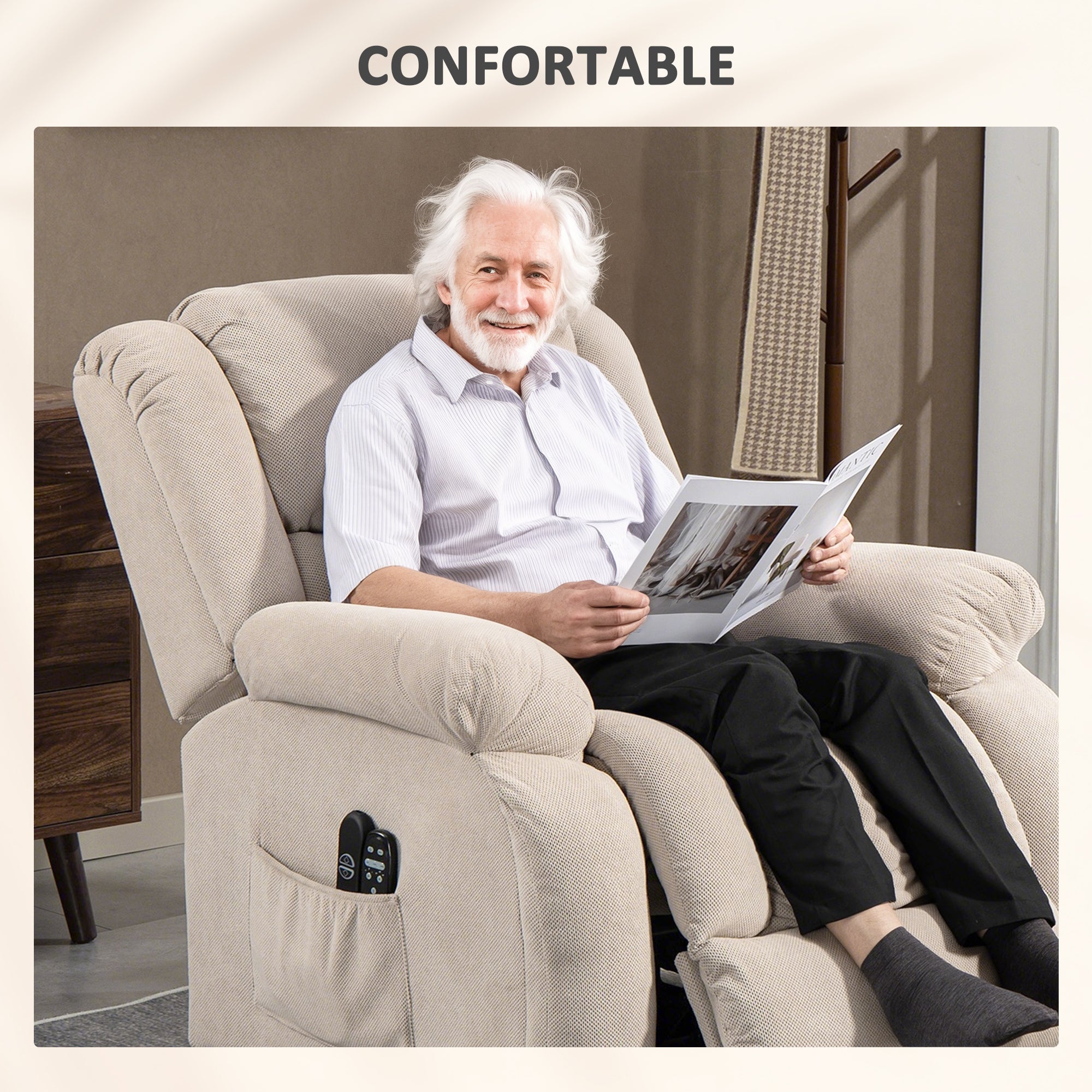 Fauteuil releveur électrique avec fonction massage et chauffage, fauteuil relax électrique avec dossier inclinable, ports USB, télécommande, repose-pied et poche latérale, beige