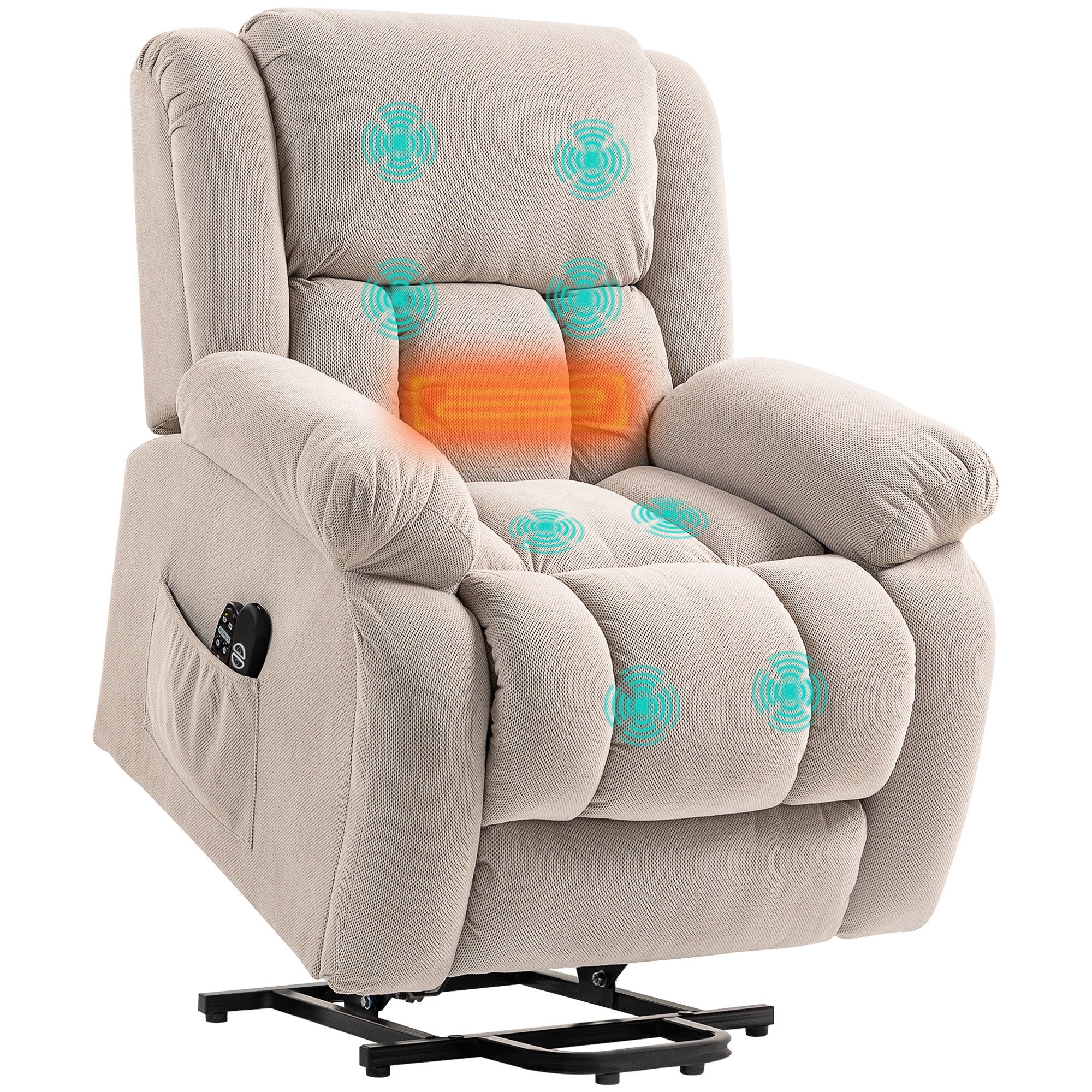 Fauteuil releveur électrique avec fonction massage et chauffage, fauteuil relax électrique avec dossier inclinable, ports USB, télécommande, repose-pied et poche latérale, beige