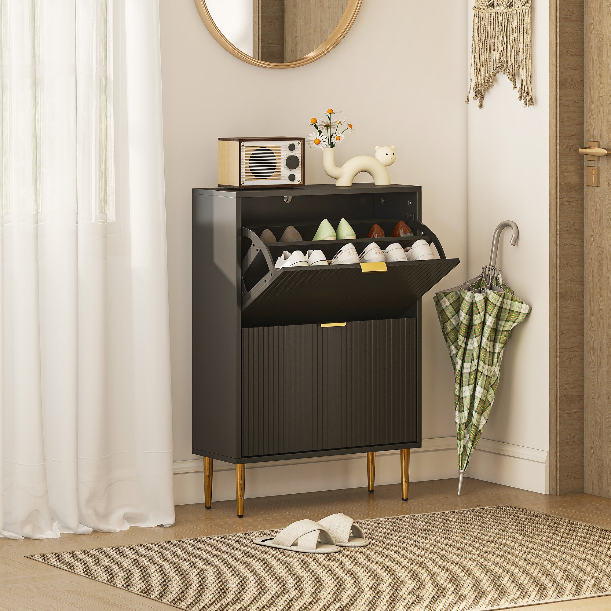 Meuble à chaussures 12 paires, armoire à chaussures étroite moderne avec 2 tiroirs rabattables, portes cannelées et étagères réglables, pour couloir et entrée, 60 x 24 x 91,5 cm, noir