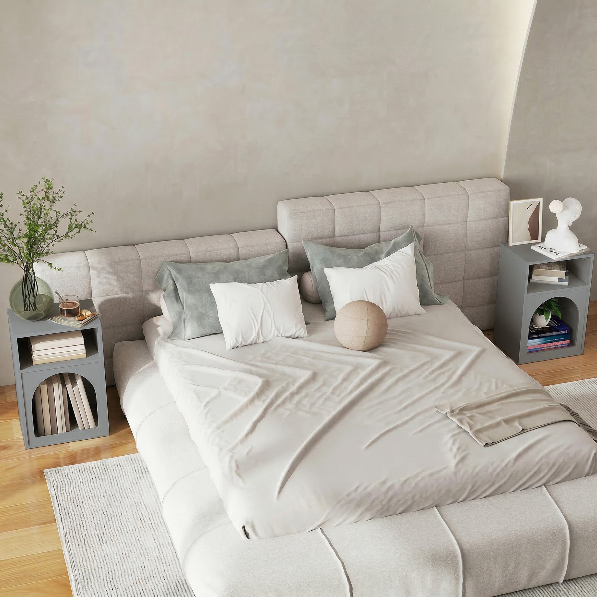 Lot de 2 tables de chevet, table de nuit avec compartiments ouverts, design arqué, chevet de lit pour chambre à coucher, salon, 40 x 30 x 60 cm, gris