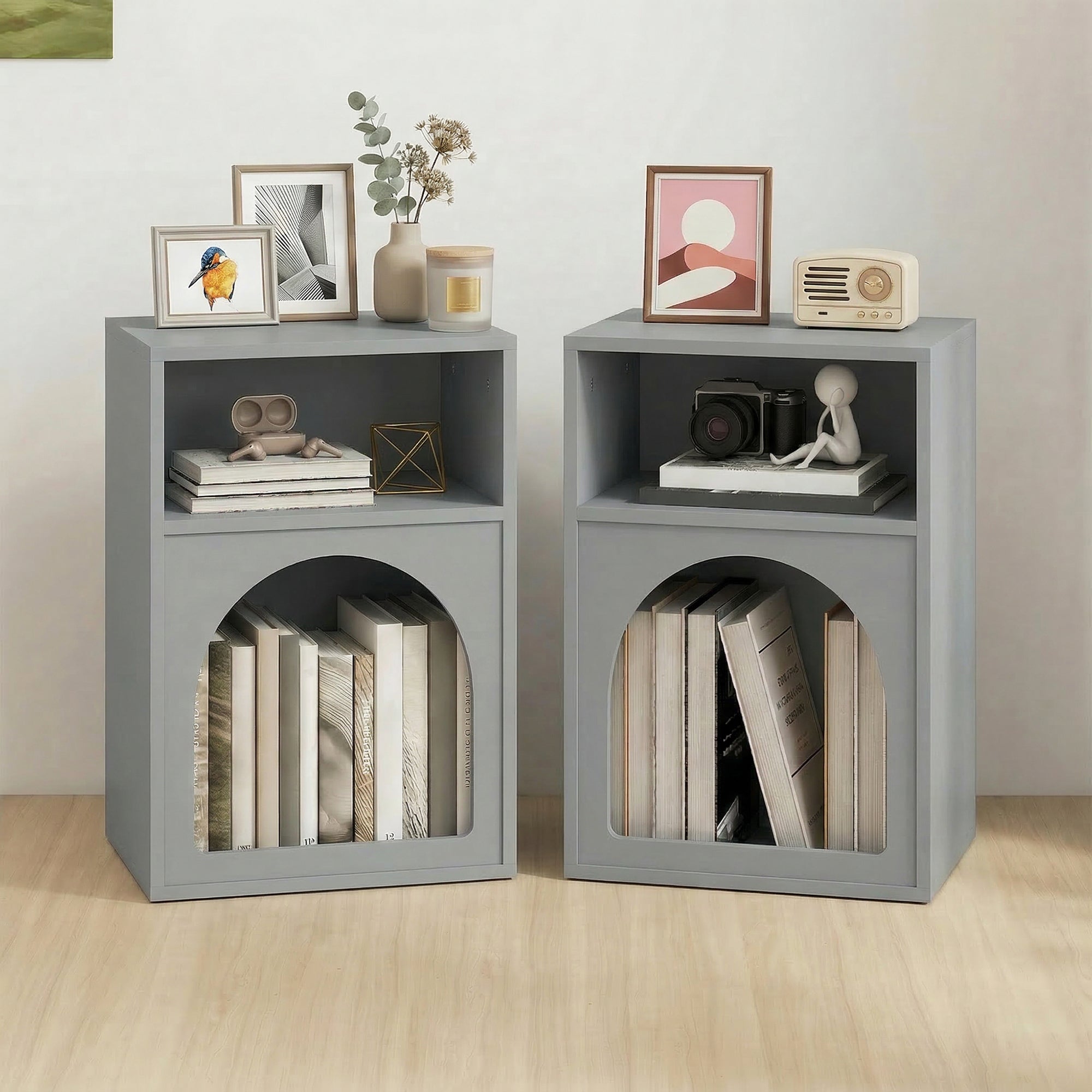 Lot de 2 tables de chevet, table de nuit avec compartiments ouverts, design arqué, chevet de lit pour chambre à coucher, salon, 40 x 30 x 60 cm, gris