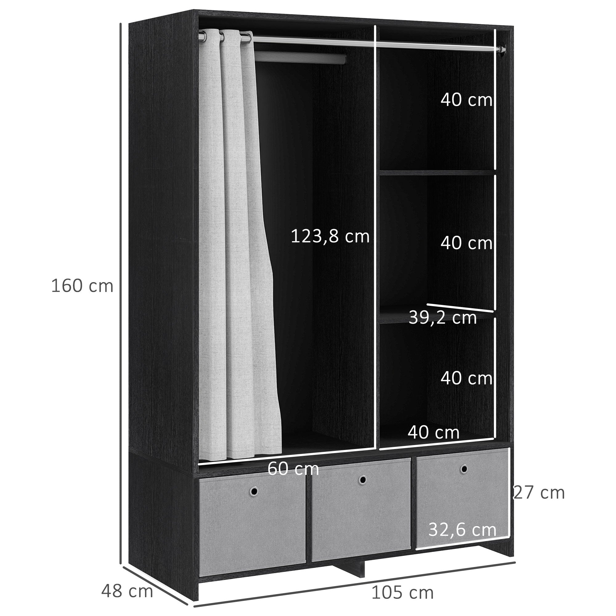 Armoire penderie, dressing avec rideau, armoire chambre vêtement, garde-robe avec tringle, 3 compartiments et 3 tiroirs en tissu amovibles - 105 x 48 x 160 cm, noir