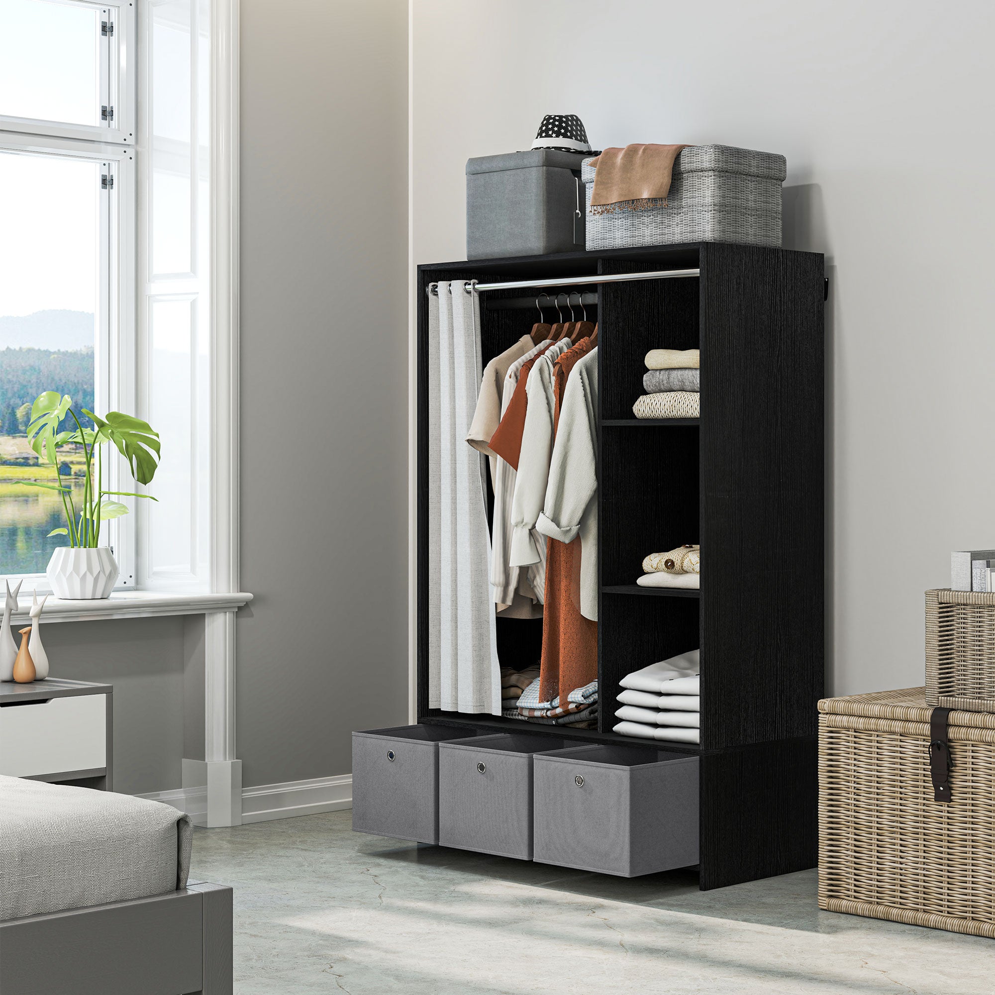 Armoire penderie, dressing avec rideau, armoire chambre vêtement, garde-robe avec tringle, 3 compartiments et 3 tiroirs en tissu amovibles - 105 x 48 x 160 cm, noir