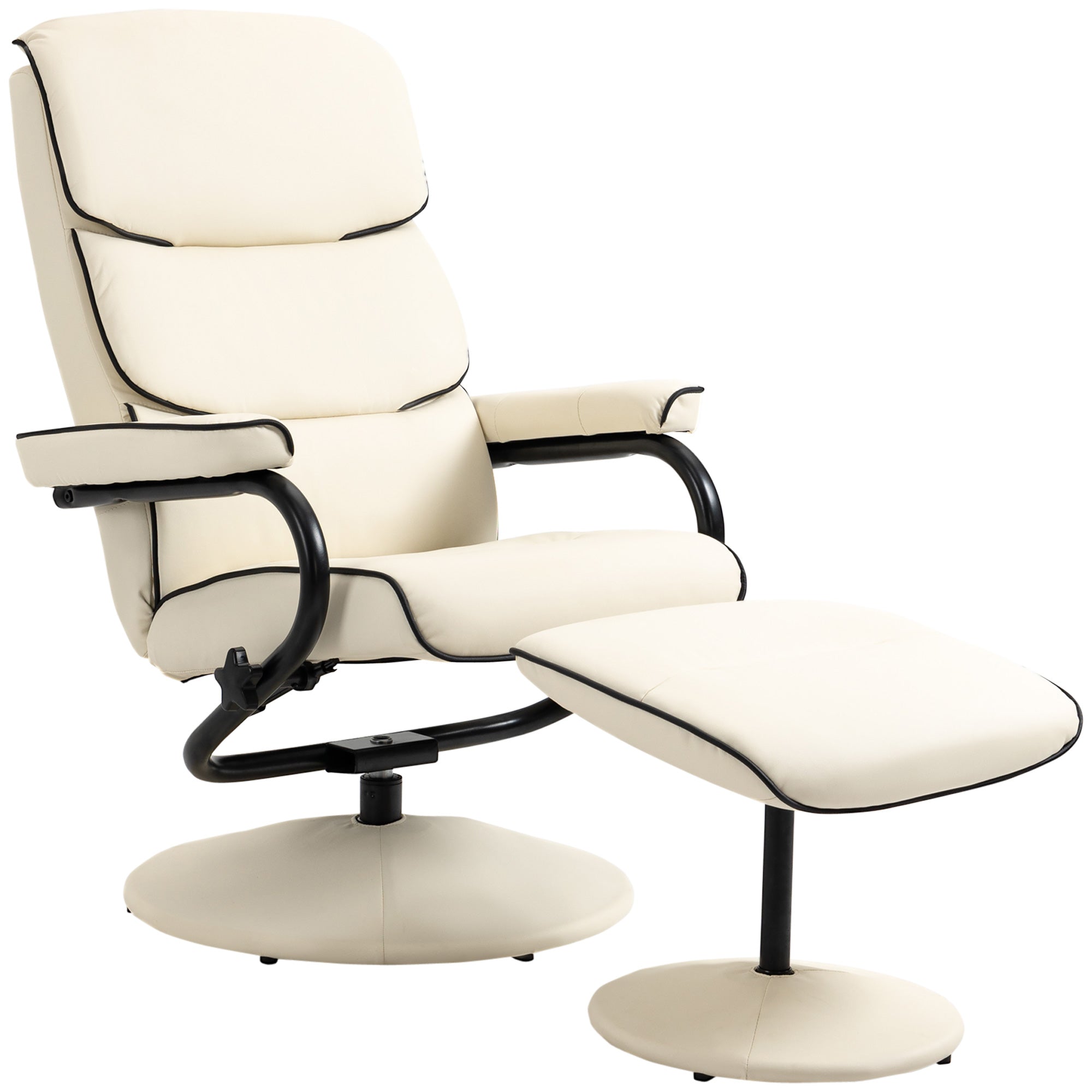 Fauteuil relax avec pouf, fauteuil TV avec dossier inclinable, siège pivotant à 360°, assise rembourrée confortable, jusqu'à 130 kg, pour salon, chambre, crème