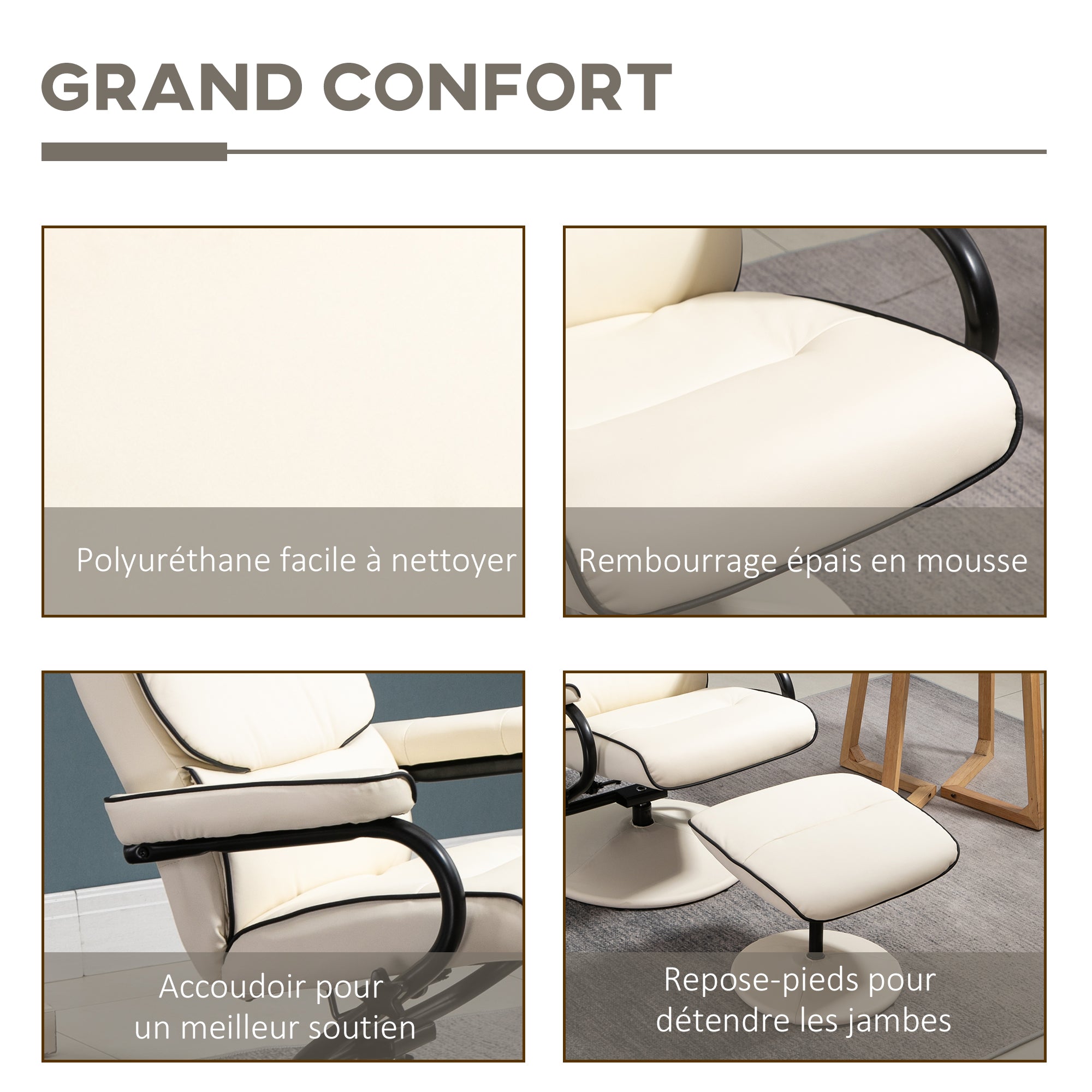 Fauteuil relax avec pouf, fauteuil TV avec dossier inclinable, siège pivotant à 360°, assise rembourrée confortable, jusqu'à 130 kg, pour salon, chambre, crème