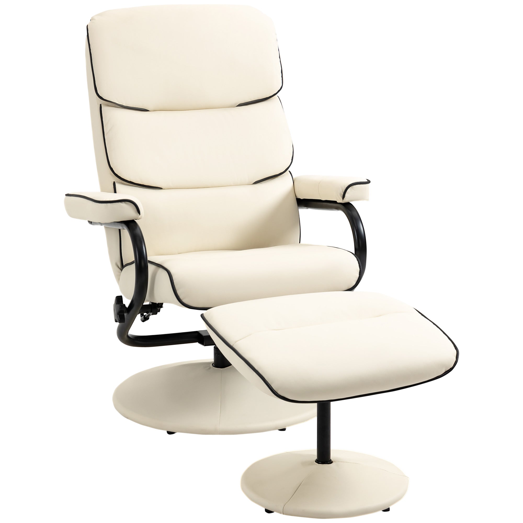 Fauteuil relax avec pouf, fauteuil TV avec dossier inclinable, siège pivotant à 360°, assise rembourrée confortable, jusqu'à 130 kg, pour salon, chambre, crème