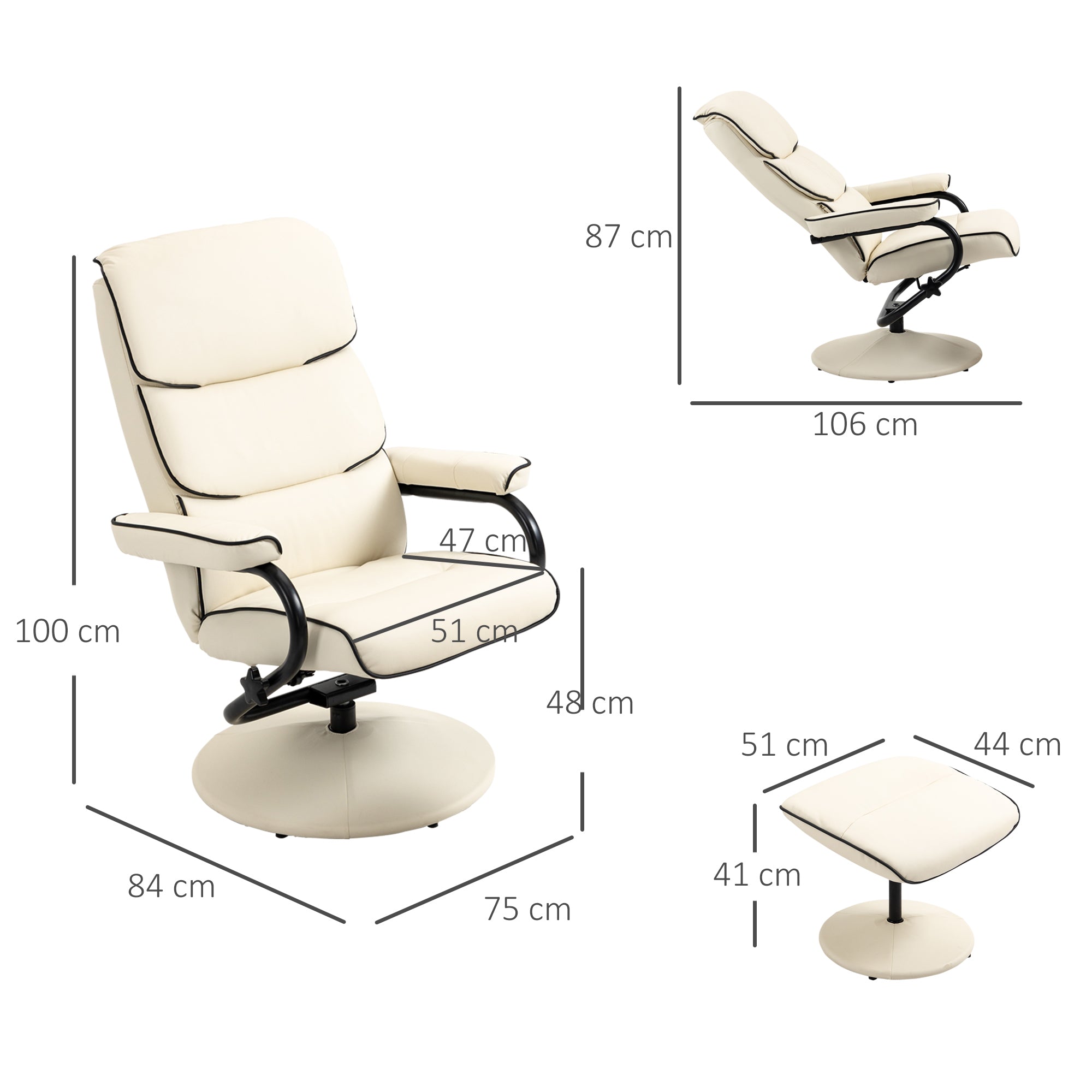 Fauteuil relax avec pouf, fauteuil TV avec dossier inclinable, siège pivotant à 360°, assise rembourrée confortable, jusqu'à 130 kg, pour salon, chambre, crème