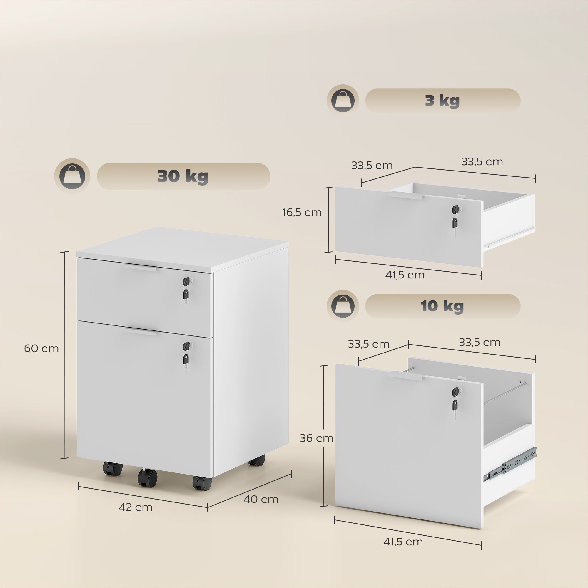 Caisson de bureau, meuble de rangement 2 tiroirs 2 barres de suspension dossier suspendu, verrouillable 2 clés, 4 roulettes 42x40x60 cm blanc
