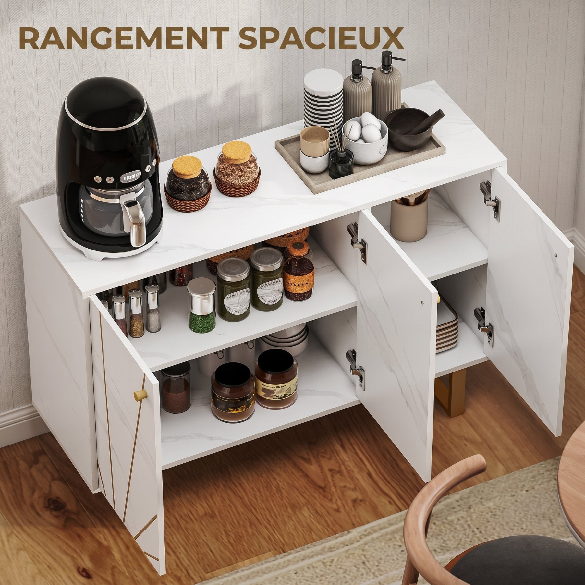Meuble de rangement buffet salon avec 2 placards 3 portes et étagère réglable, pieds en métal - dim. 107L x 35l x 75H cm, aspect marbre blanc