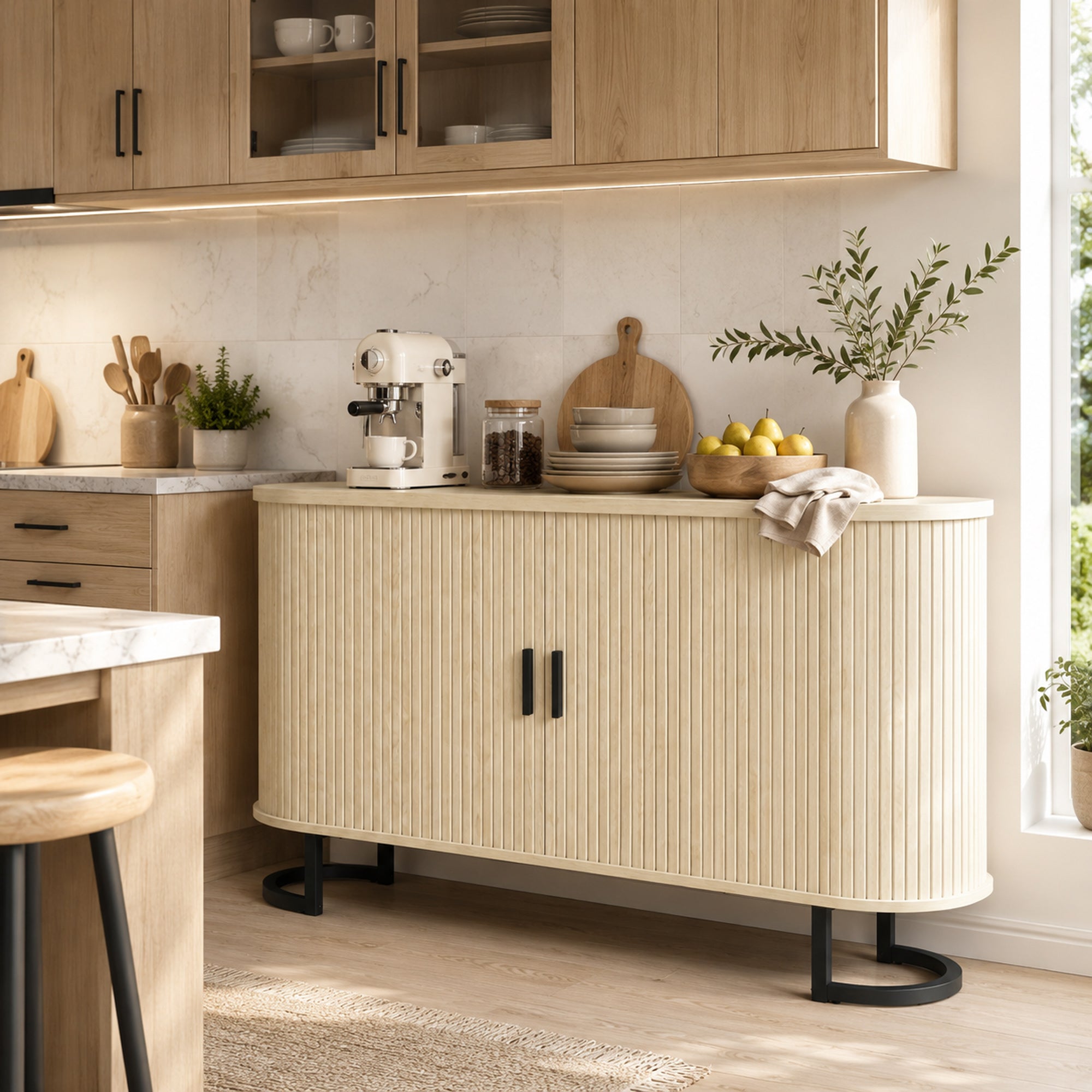 Buffet salon, meuble de rangement ovale avec 2 portes coulissantes et étagères réglables, meuble TV jusqu'à 60 pouces, style moderne, buffet salle à manger et cuisine, 140x40x75cm, bois naturel