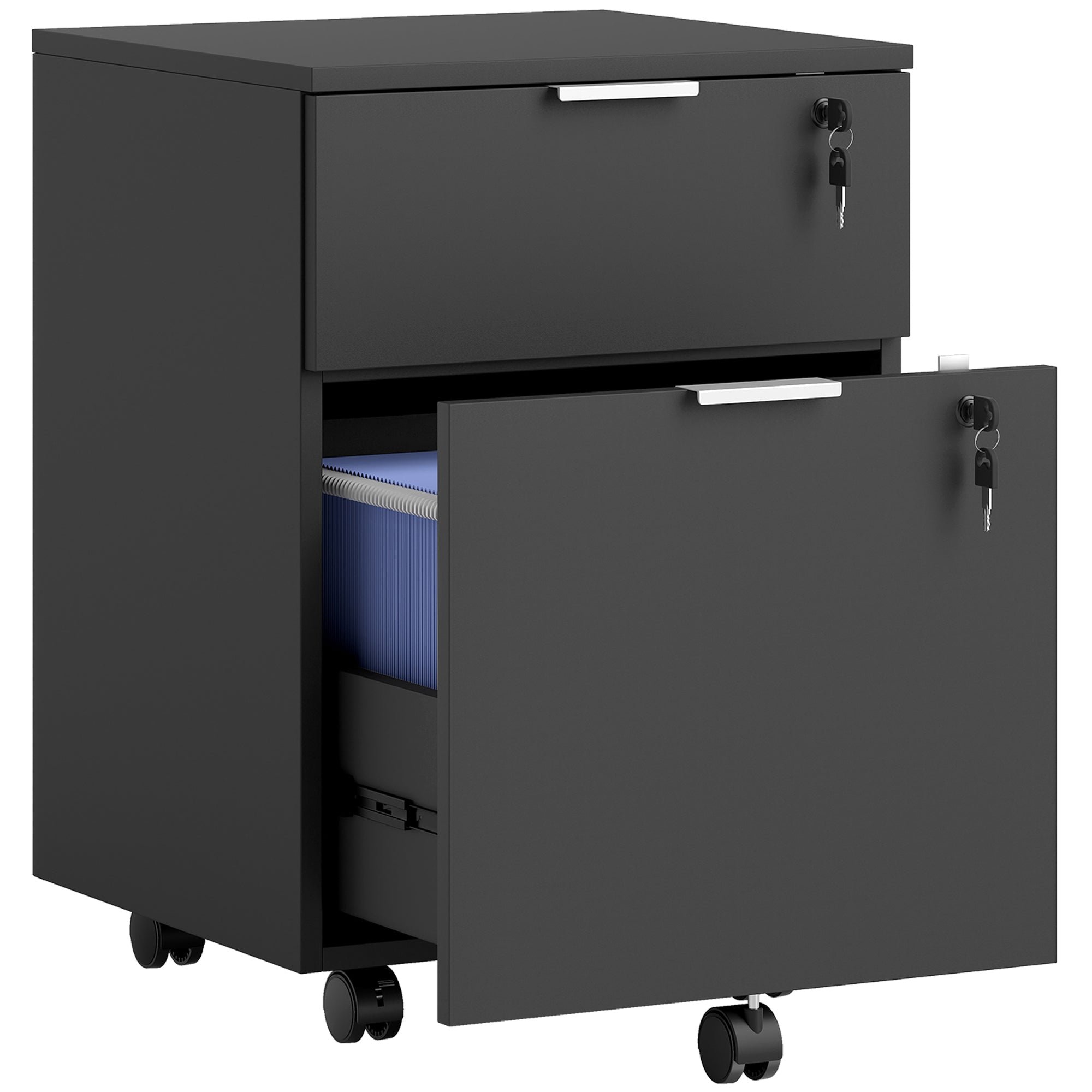 Caisson de bureau, meuble de rangement 2 tiroirs 2 barres de suspension dossier suspendu, verrouillable 2 clés, 4 roulettes 42x40x60 cm noir