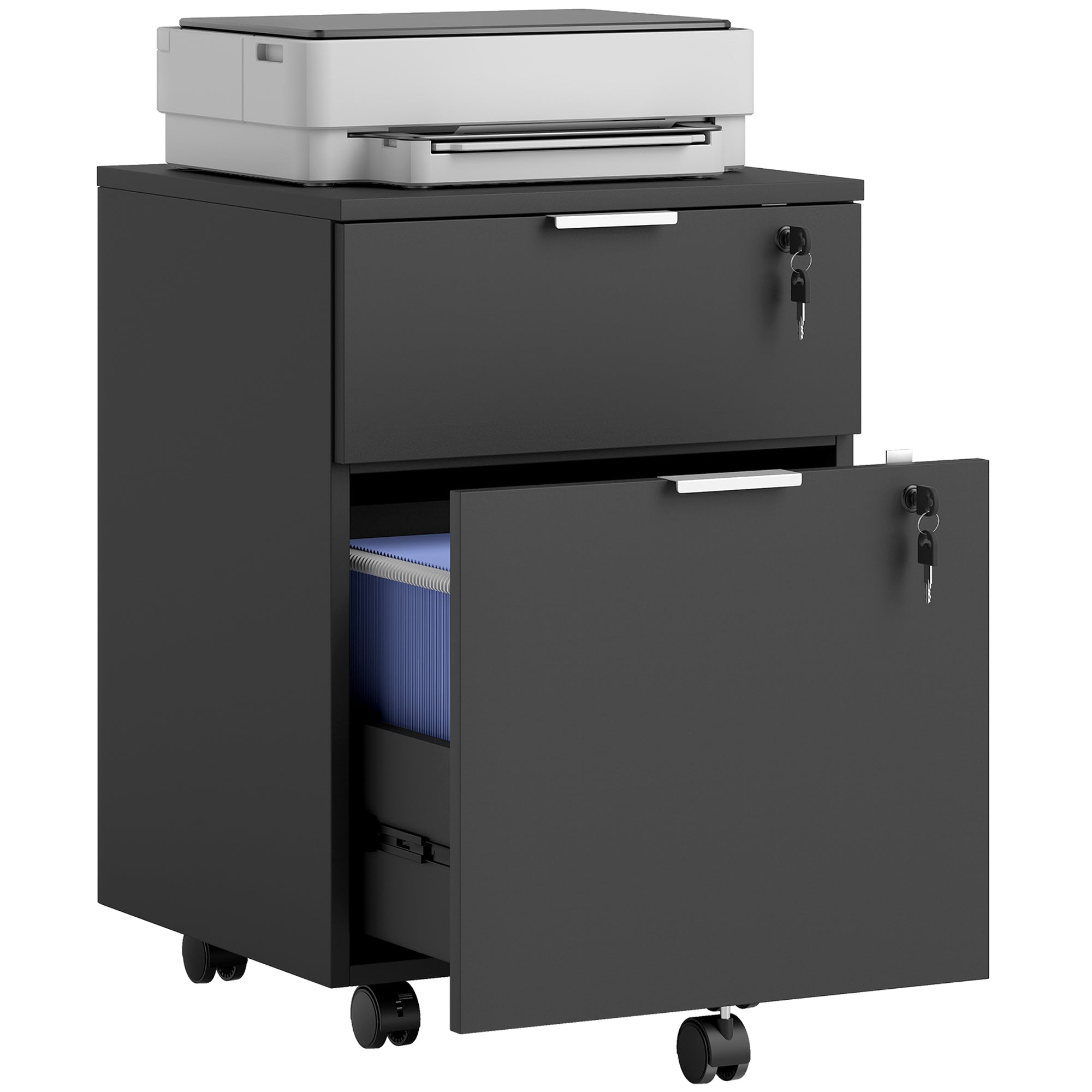 Caisson de bureau, meuble de rangement 2 tiroirs 2 barres de suspension dossier suspendu, verrouillable 2 clés, 4 roulettes 42x40x60 cm noir