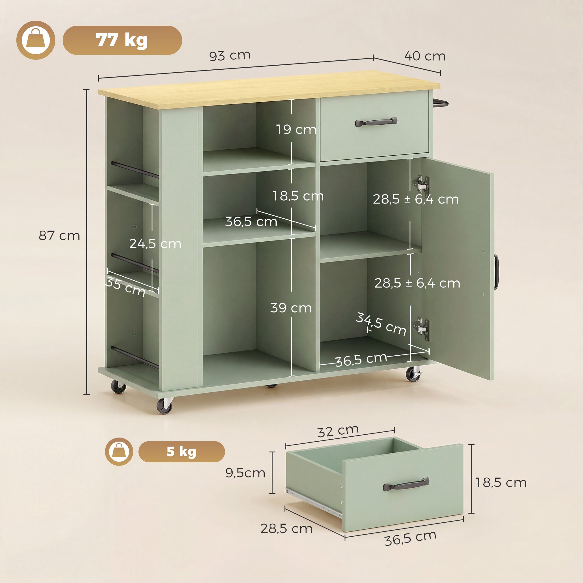 Desserte de cuisine à roulettes, îlot central cuisine avec tiroir, porte, compartiments ouverts, étagère réglable et porte-épices, chariot de rangement pour salle à manger, 96,5x38x87cm, vert