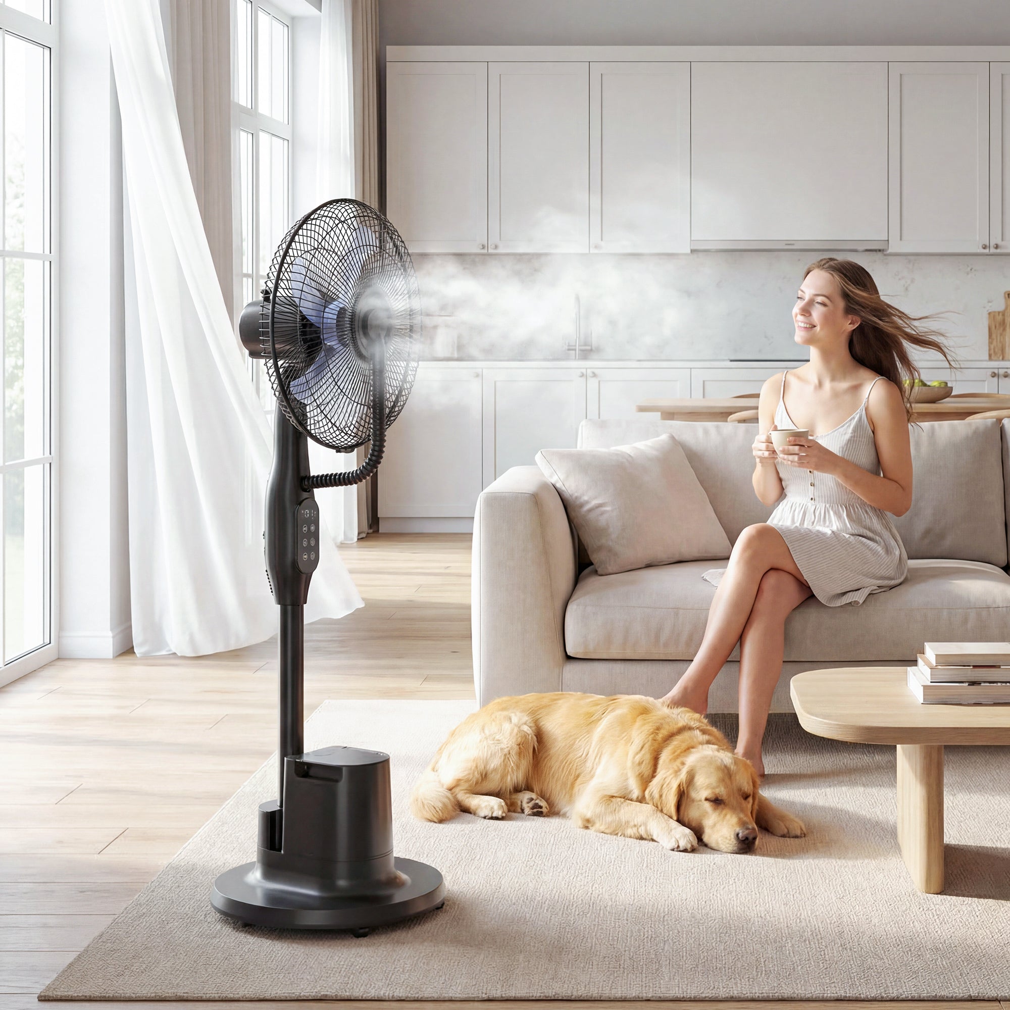 Ventilateur brumisateur silencieux 90 W, ventilateur sur pied 128 cm, oscillation 70°, 3 vitesses, 3 modes, réservoir d'eau 3,5 L, télécommande, minuterie 8 h, pour maison, bureau, noir