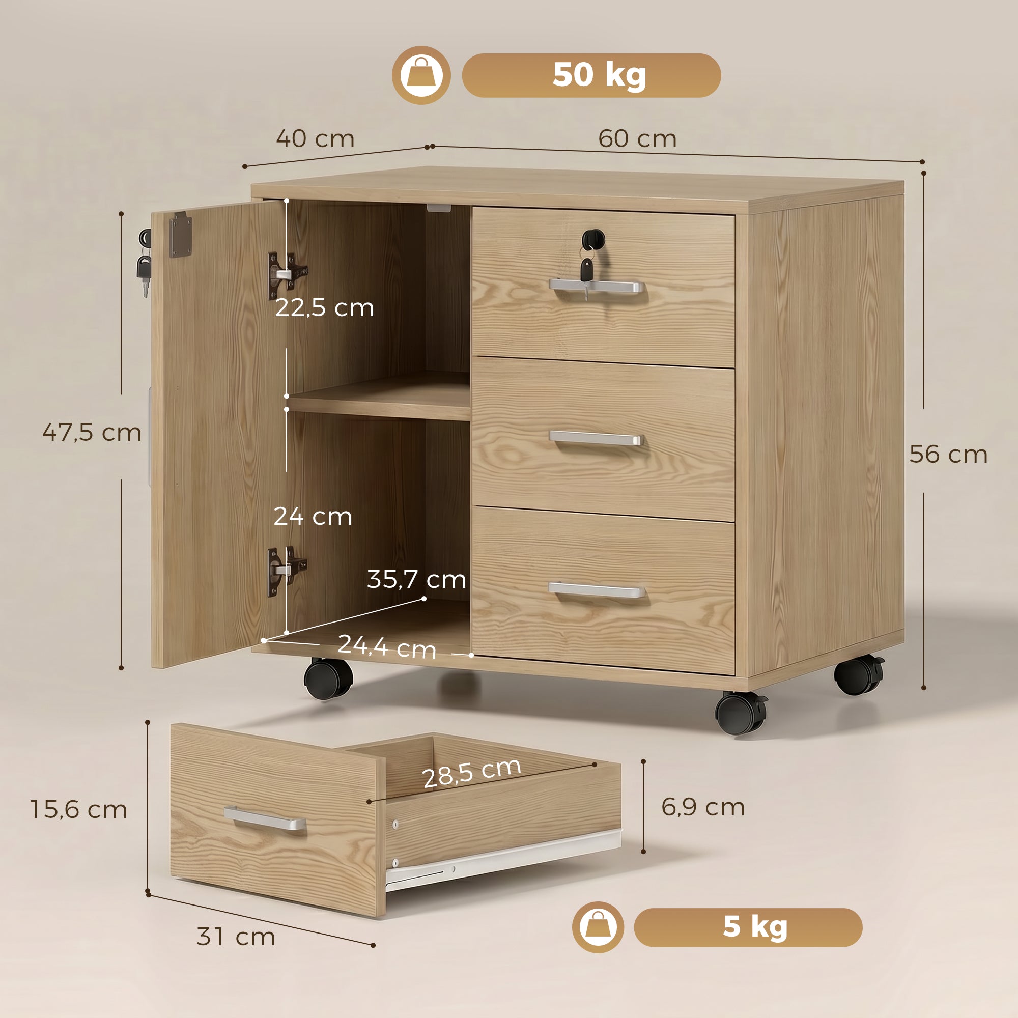 Caisson bureau meuble de rangement avec 3 tiroirs et étagère réglable, armoire rangement bureau verrouillable avec roulettes, dim. 40 x 60 x 56 cm, marron clair