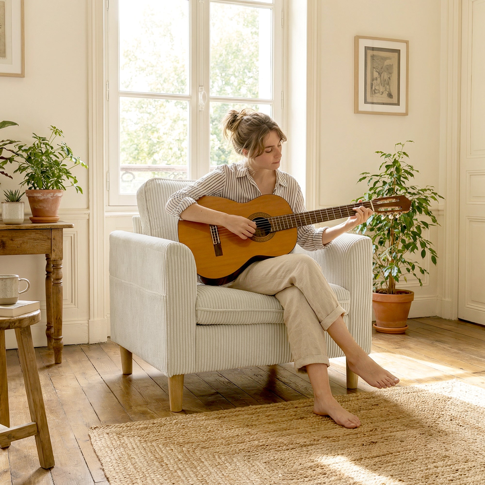 Fauteuil de salon en velours côtelé, canapé 1 place rembourré avec assise large et coussin à ressorts, style moderne, pour chambre, salon, petit espace, beige