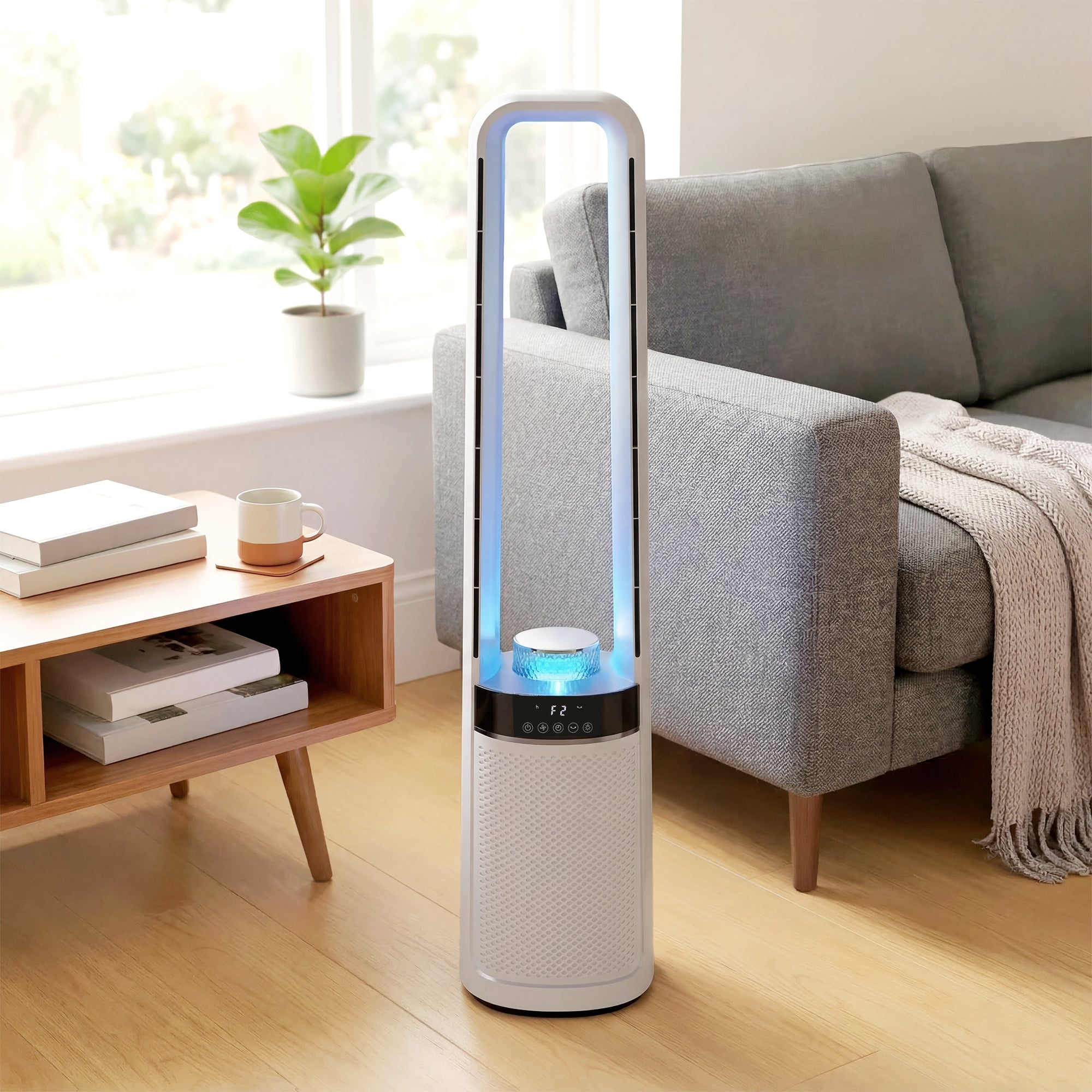 Ventilateur colonne silencieux 36dB, ventilateur tour pour chambre, 93,3cm de haut, oscillant à 45°, lumières LED, 3 vitesses, minuteur 12H, télécommande, blanc