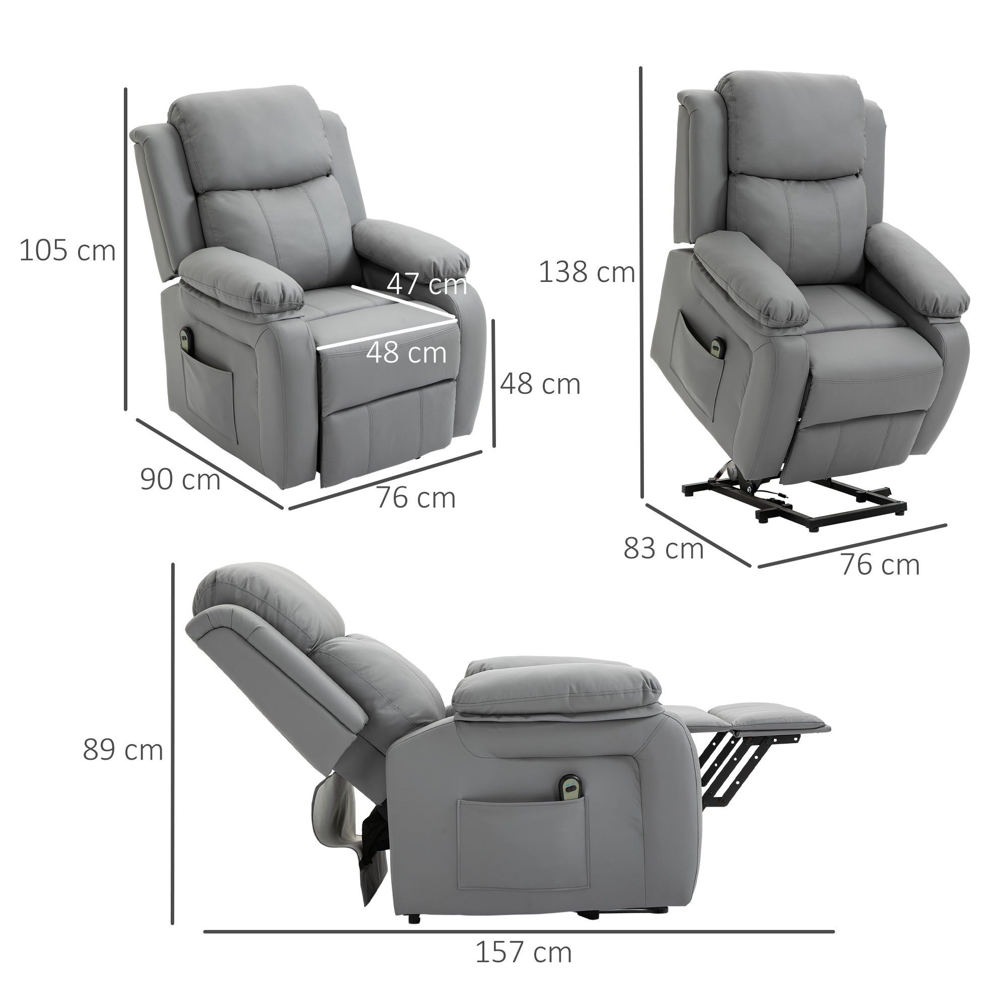 Fauteuil releveur électrique, fauteuil relax électrique, pour personne âgées, revêtement synthétique, avec repose-pied, télécommande et 2 pochettes, pour salon, chambre, bureau, gris