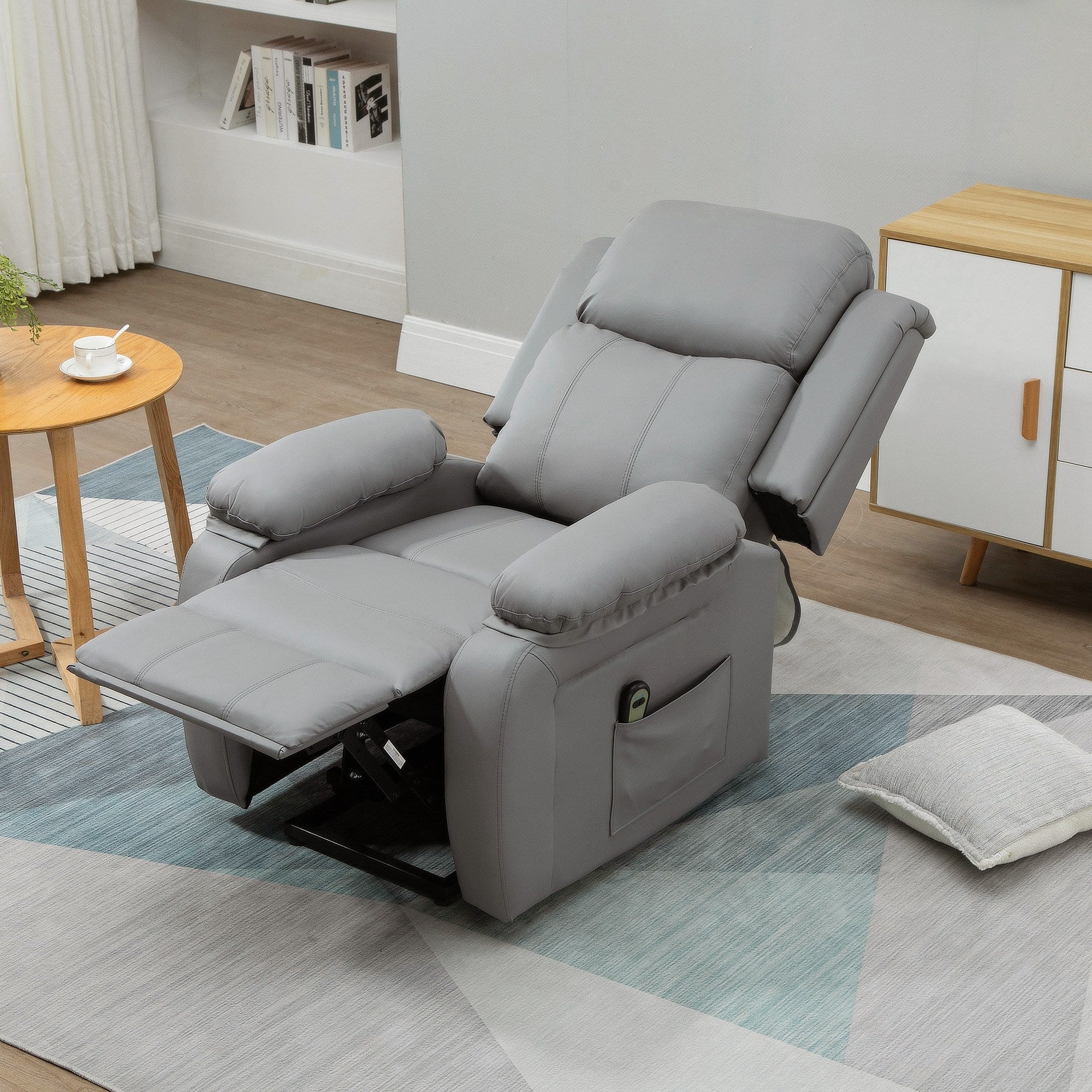 Fauteuil releveur électrique, fauteuil relax électrique, pour personne âgées, revêtement synthétique, avec repose-pied, télécommande et 2 pochettes, pour salon, chambre, bureau, gris