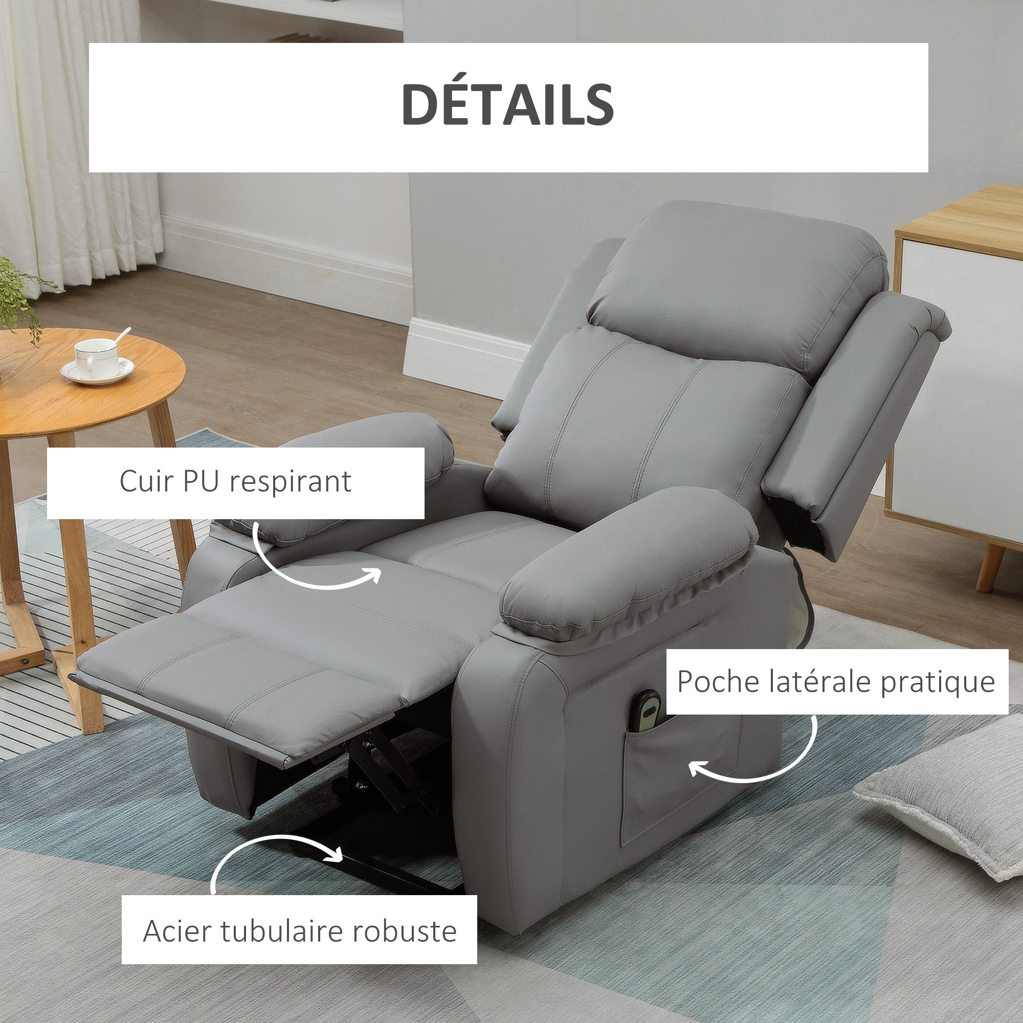 Fauteuil releveur électrique, fauteuil relax électrique, pour personne âgées, revêtement synthétique, avec repose-pied, télécommande et 2 pochettes, pour salon, chambre, bureau, gris