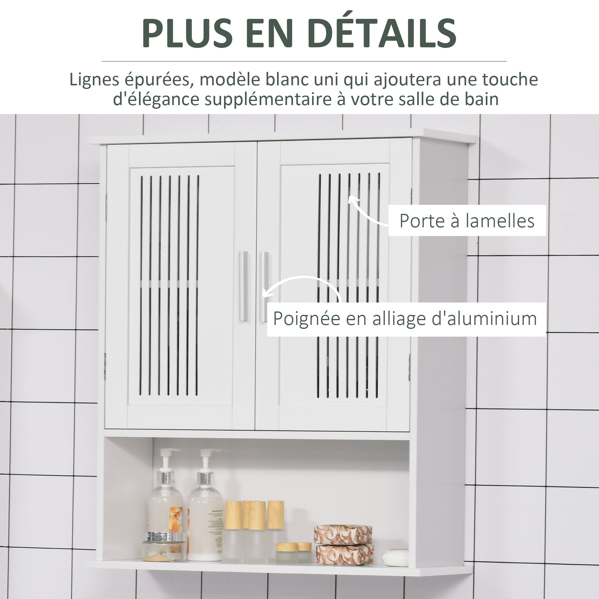 Armoire murale, meuble haut salle de bain avec étagère réglable, double porte et étagère ouverte, meuble de salle de bain, meuble de rangement suspendu, 60 x 20 x 70 cm, blanc
