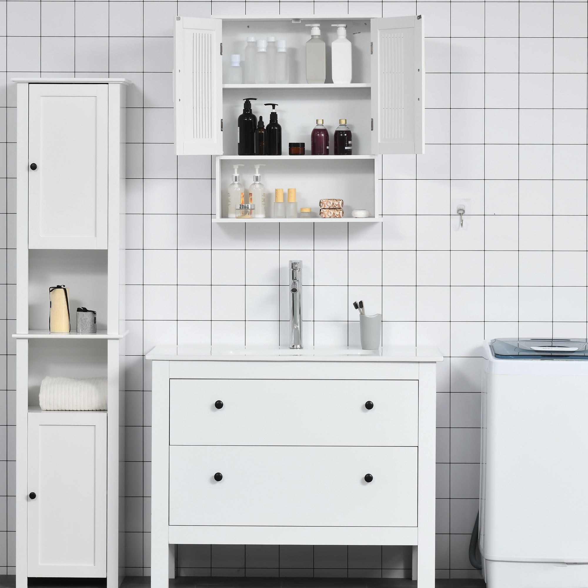 Armoire murale, meuble haut salle de bain avec étagère réglable, double porte et étagère ouverte, meuble de salle de bain, meuble de rangement suspendu, 60 x 20 x 70 cm, blanc