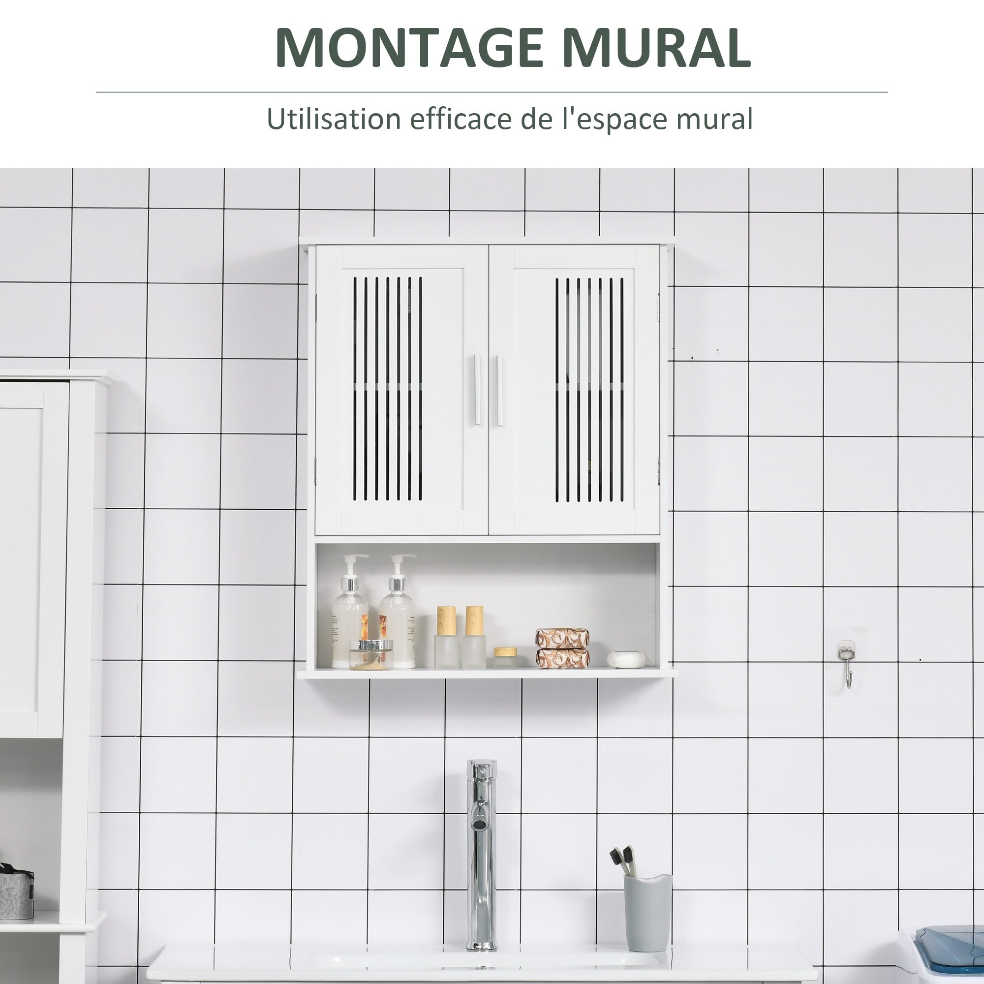 Armoire murale, meuble haut salle de bain avec étagère réglable, double porte et étagère ouverte, meuble de salle de bain, meuble de rangement suspendu, 60 x 20 x 70 cm, blanc