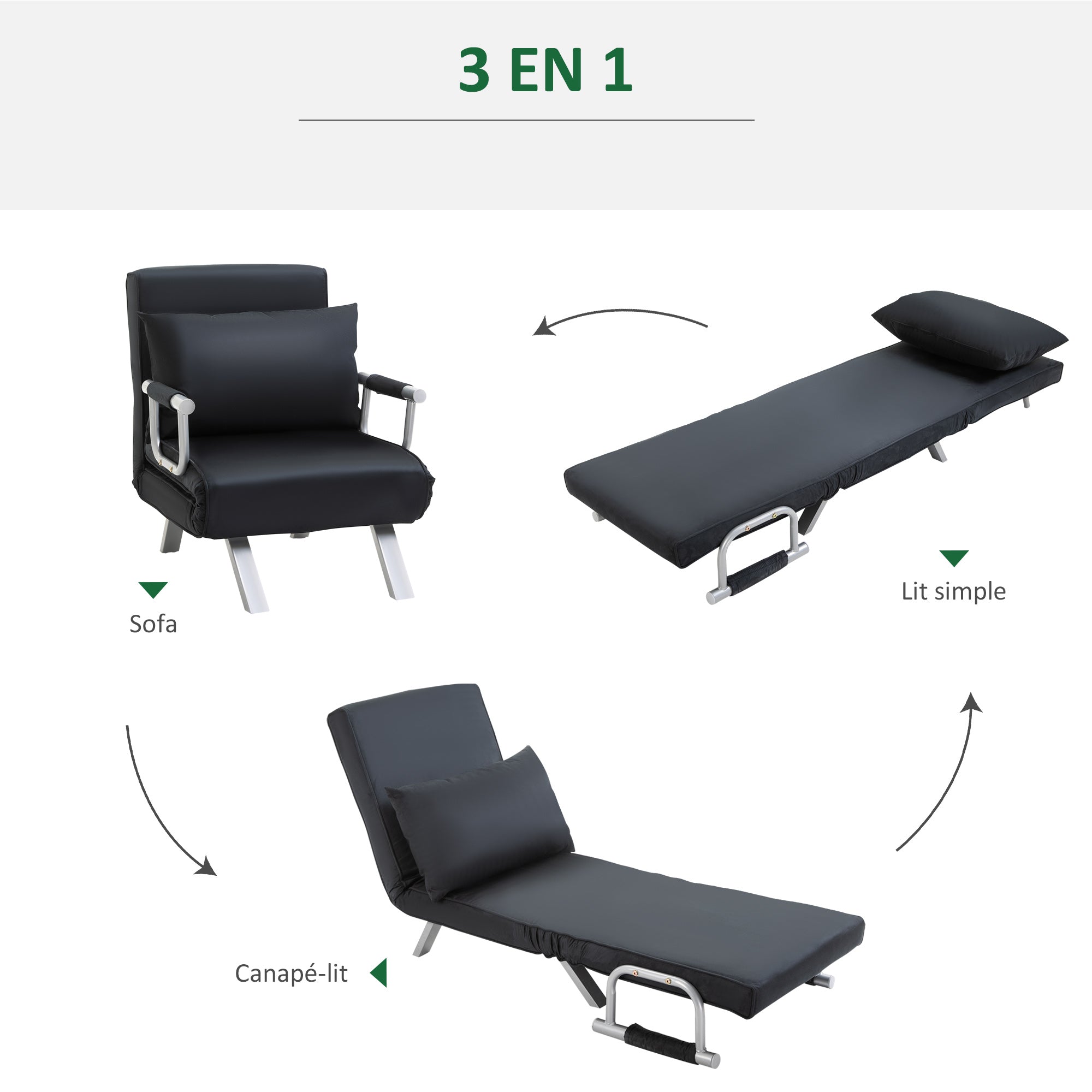 Fauteuil chauffeuse canapé-lit Convertible 1 Place déhoussable Grand Confort Coussin Pieds accoudoirs métal suède Noir