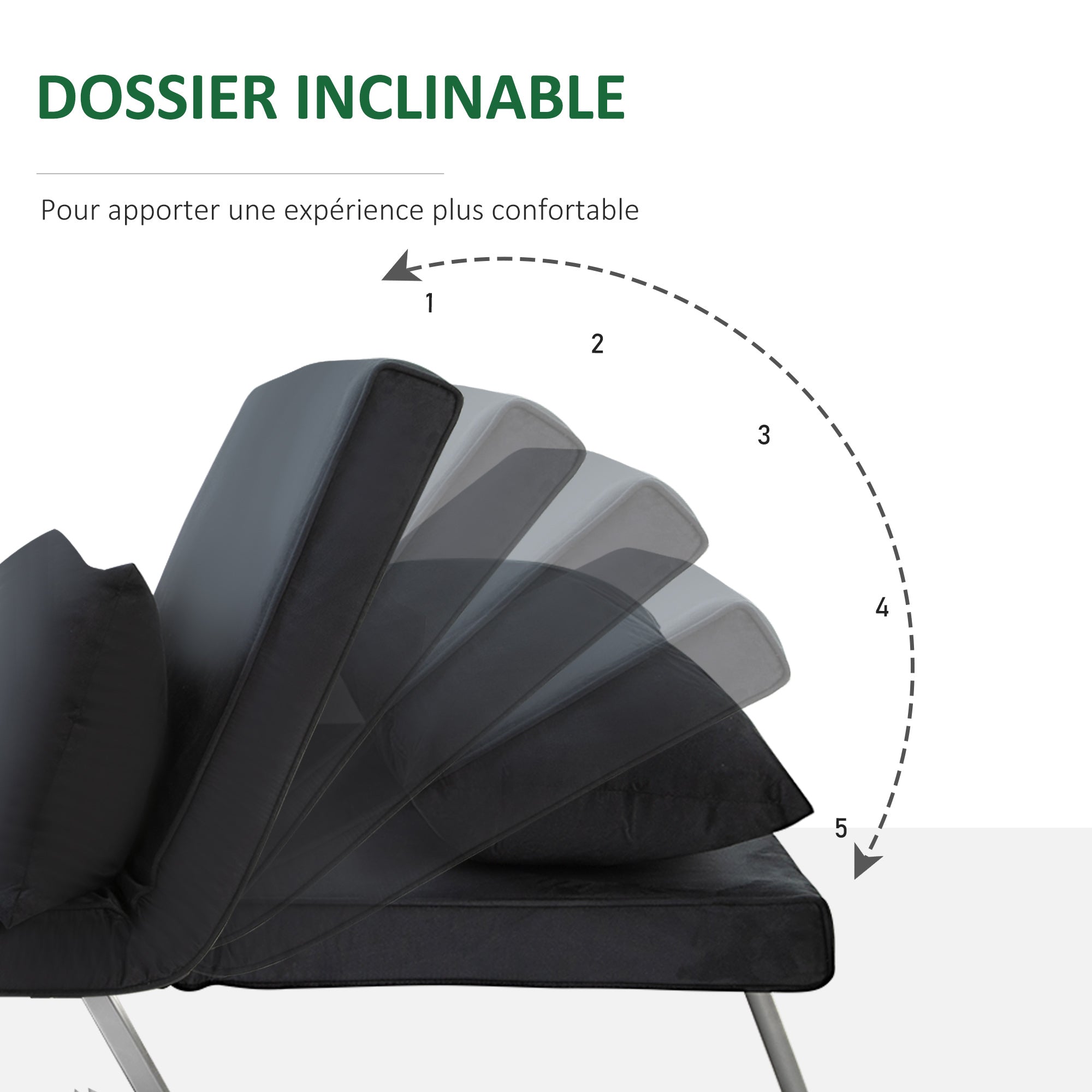 Fauteuil chauffeuse canapé-lit Convertible 1 Place déhoussable Grand Confort Coussin Pieds accoudoirs métal suède Noir