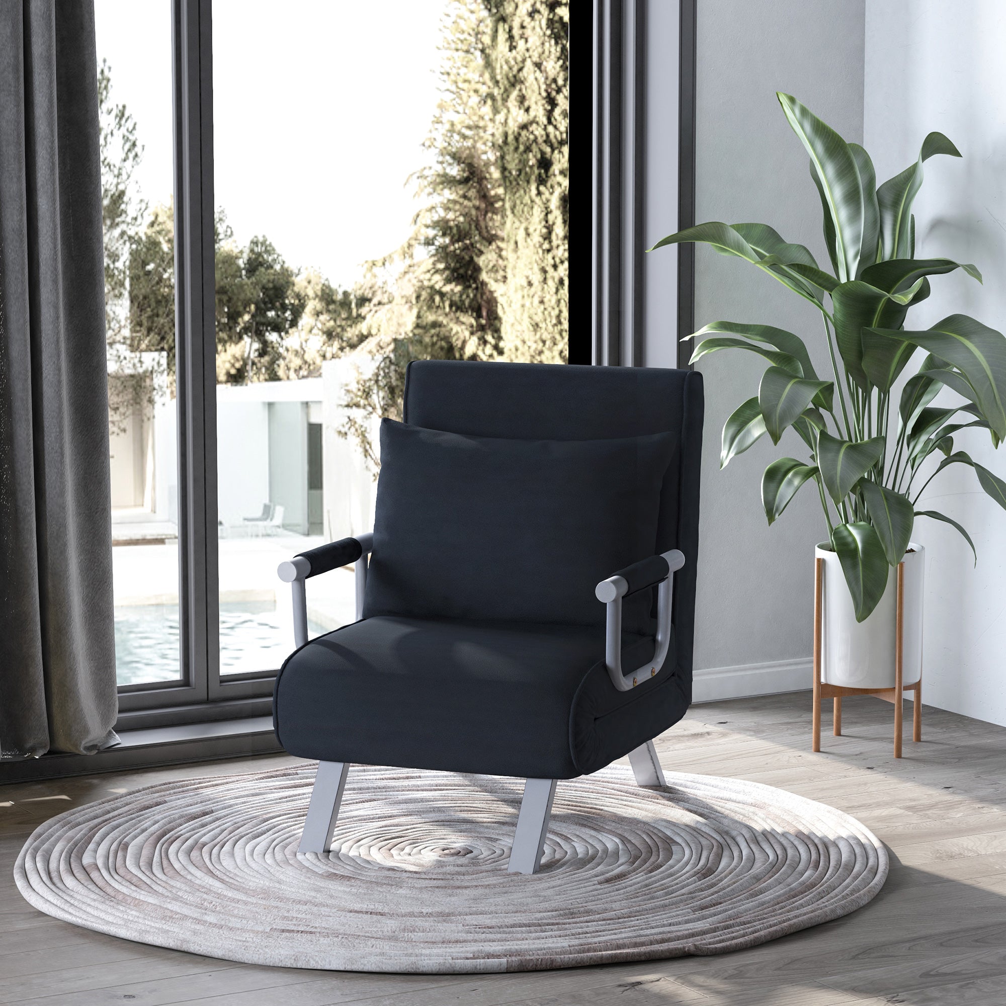 Fauteuil chauffeuse canapé-lit Convertible 1 Place déhoussable Grand Confort Coussin Pieds accoudoirs métal suède Noir
