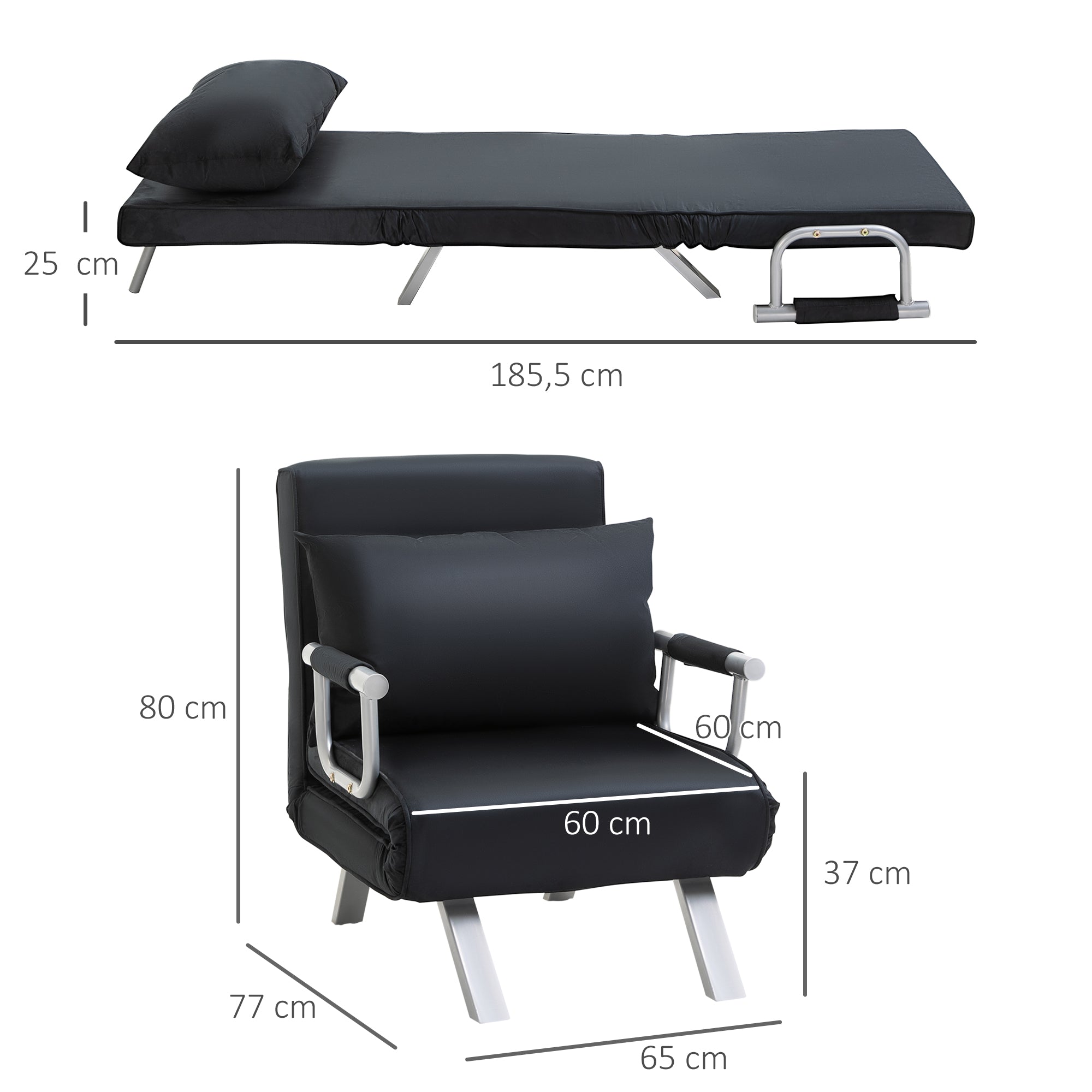 Fauteuil chauffeuse canapé-lit Convertible 1 Place déhoussable Grand Confort Coussin Pieds accoudoirs métal suède Noir