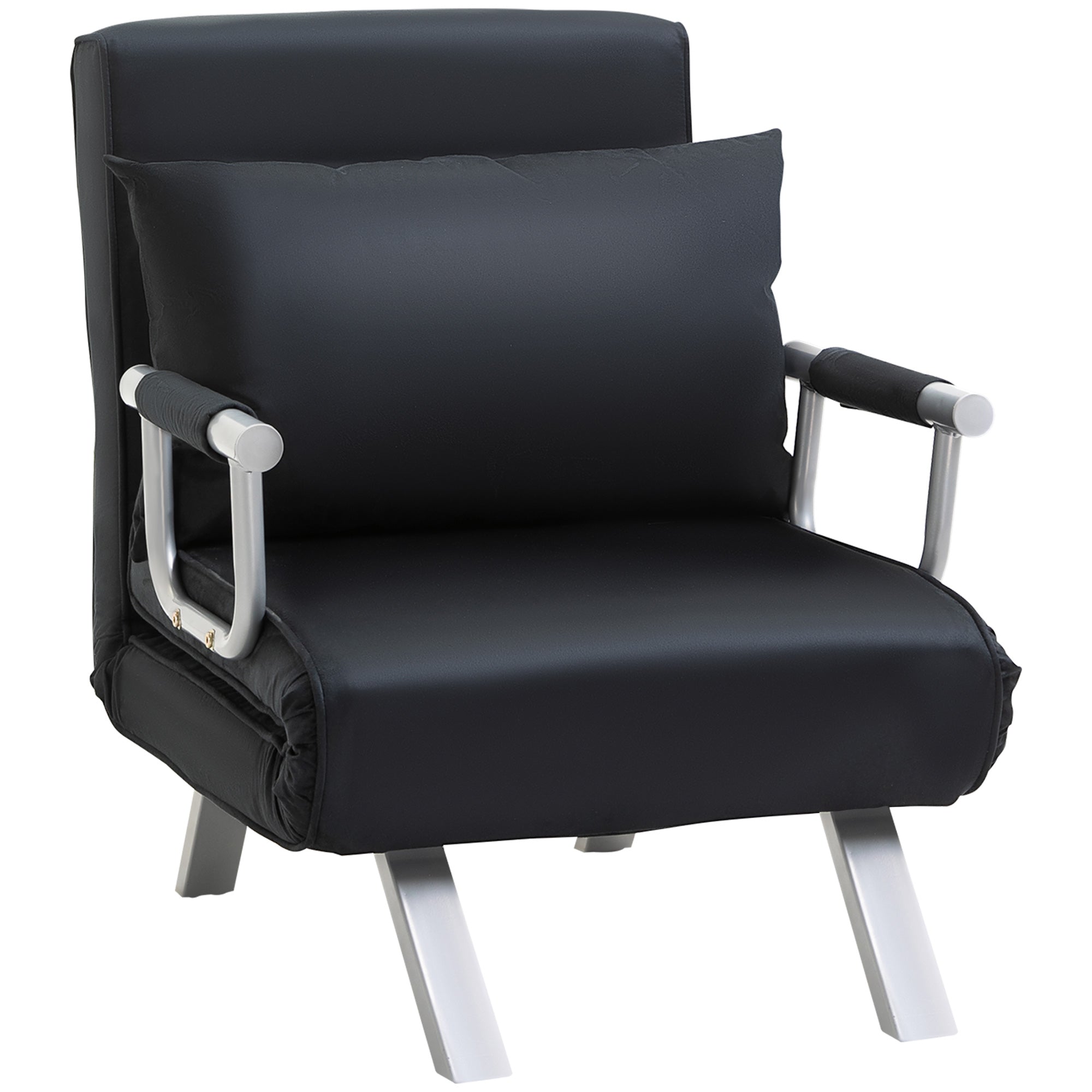 Fauteuil chauffeuse canapé-lit Convertible 1 Place déhoussable Grand Confort Coussin Pieds accoudoirs métal suède Noir