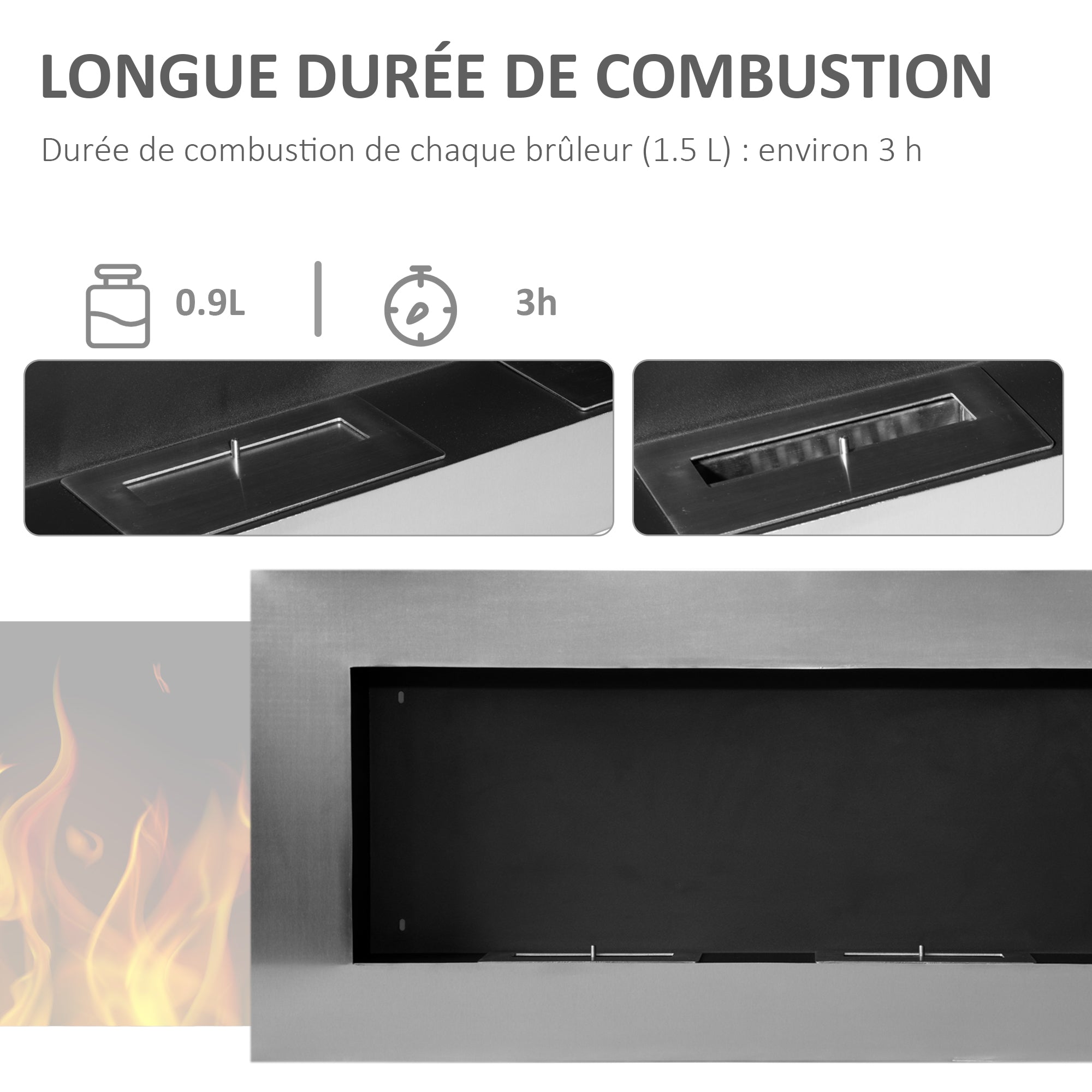 Cheminée bioéthanol Murale encastrable brûleur 2 x 0,9 L, environ 3 h de durée de combustion 110L x 14l x 54H cm Couverture 25-30 m² Acier inox