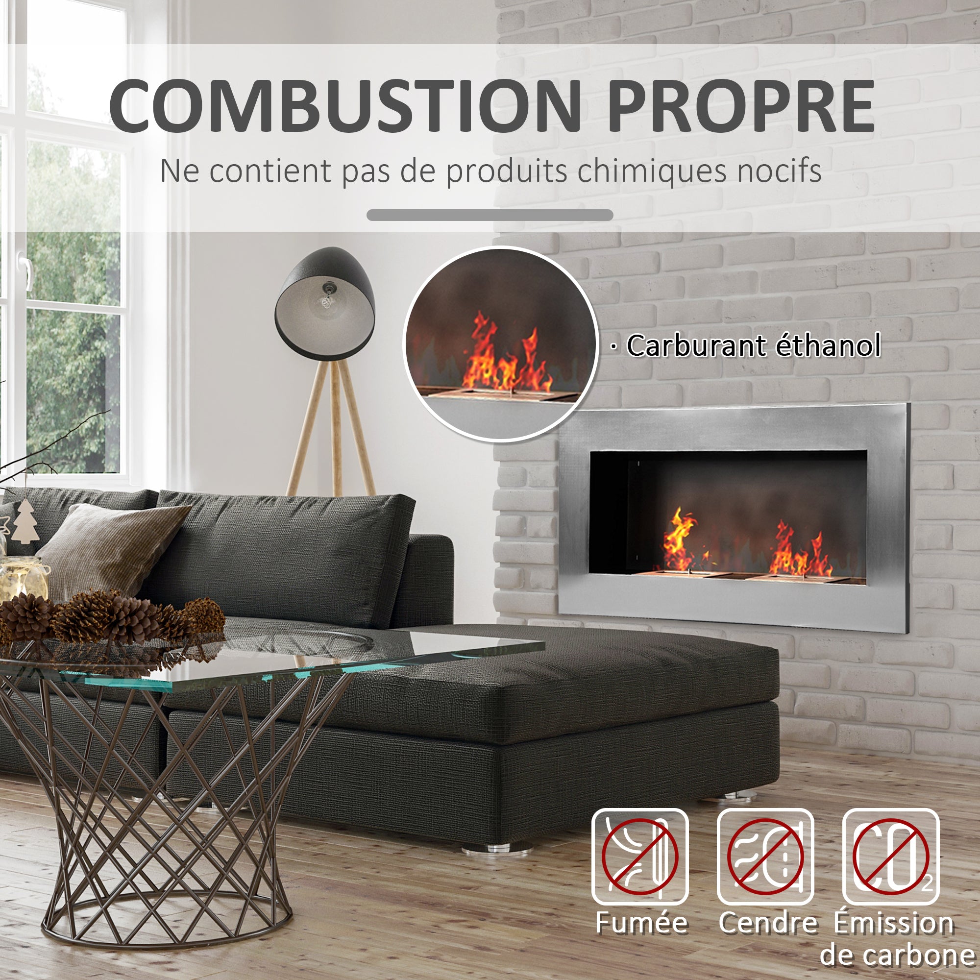 Cheminée bioéthanol Murale encastrable brûleur 2 x 0,9 L, environ 3 h de durée de combustion 110L x 14l x 54H cm Couverture 25-30 m² Acier inox
