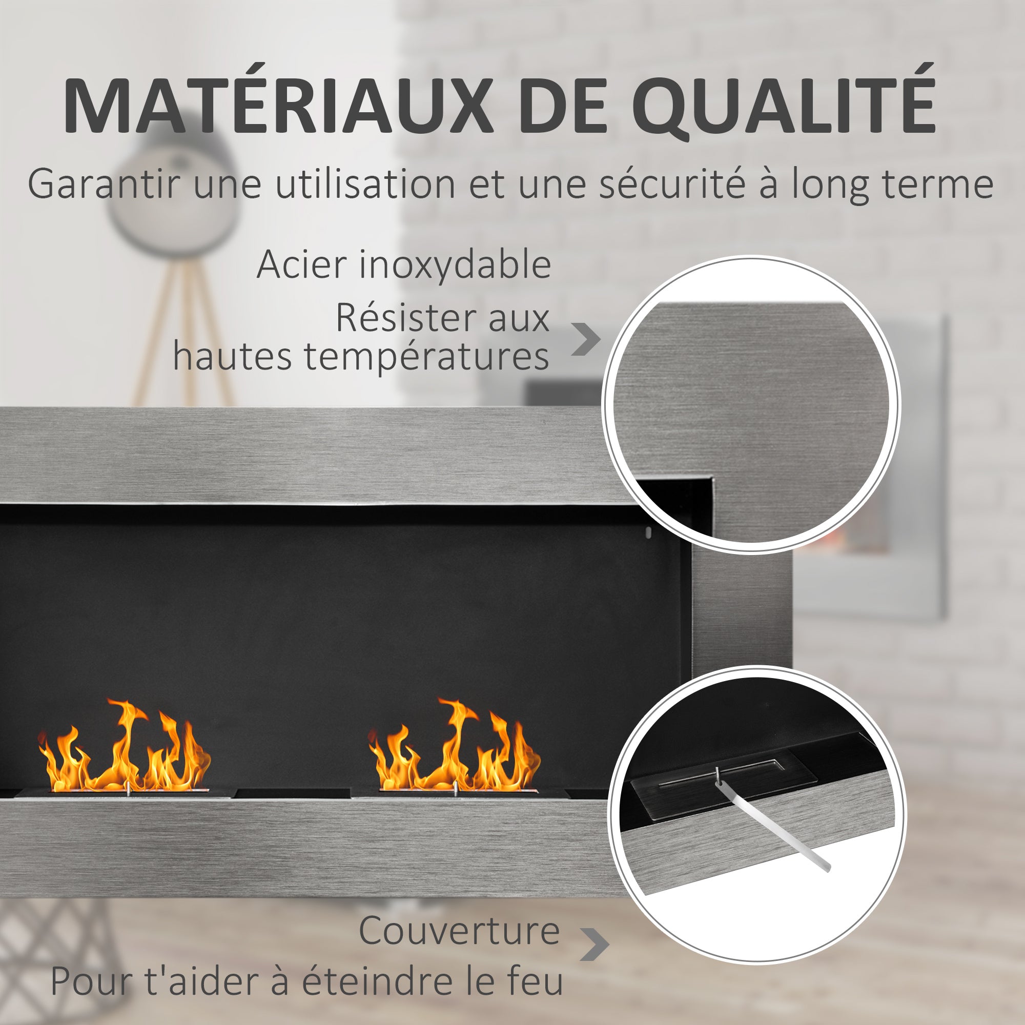 Cheminée bioéthanol Murale encastrable brûleur 2 x 0,9 L, environ 3 h de durée de combustion 110L x 14l x 54H cm Couverture 25-30 m² Acier inox