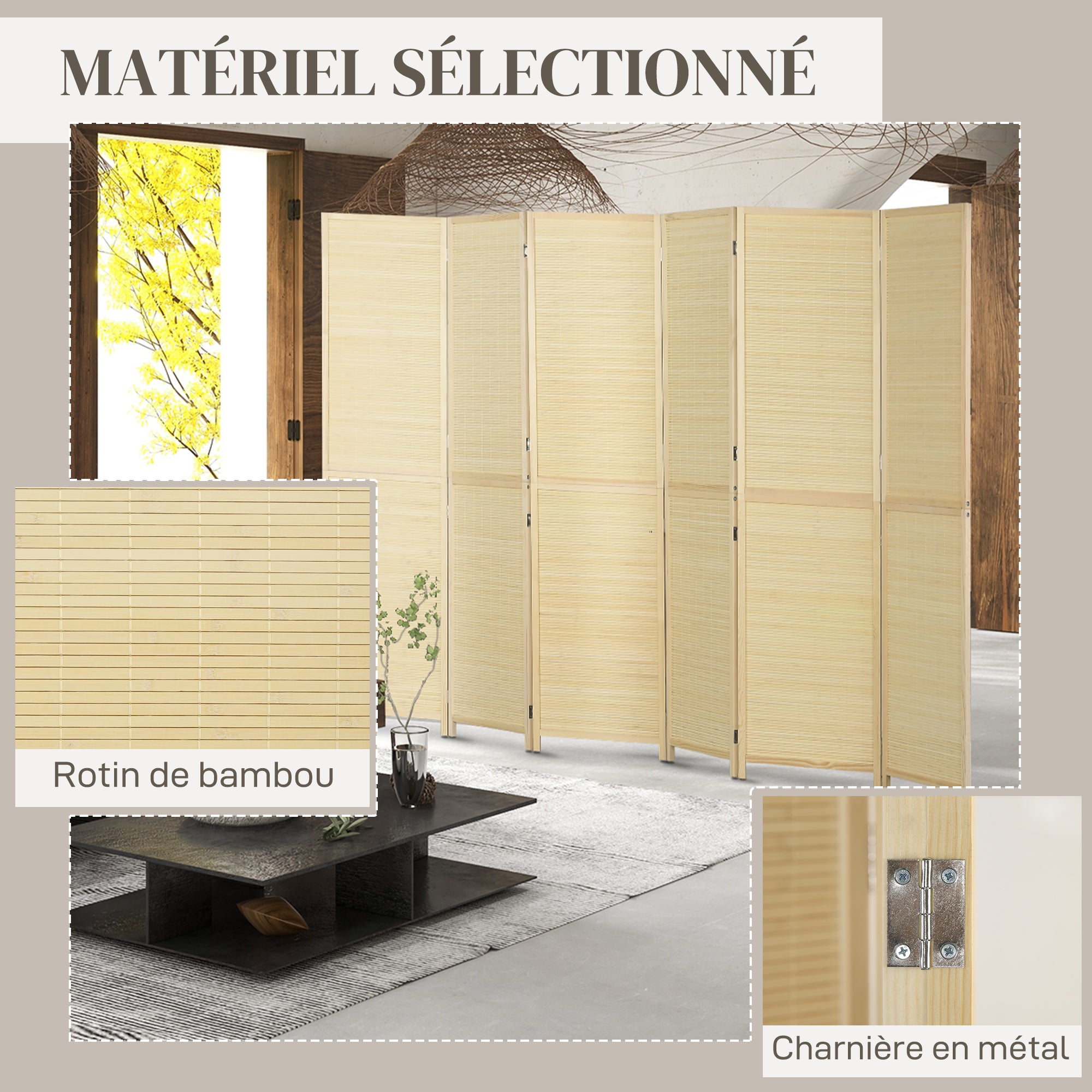 Paravent intérieur en Bambou 6 Panneaux 270 x 180 cm séparateur de pièce cloison de séparation Pliable - Naturel