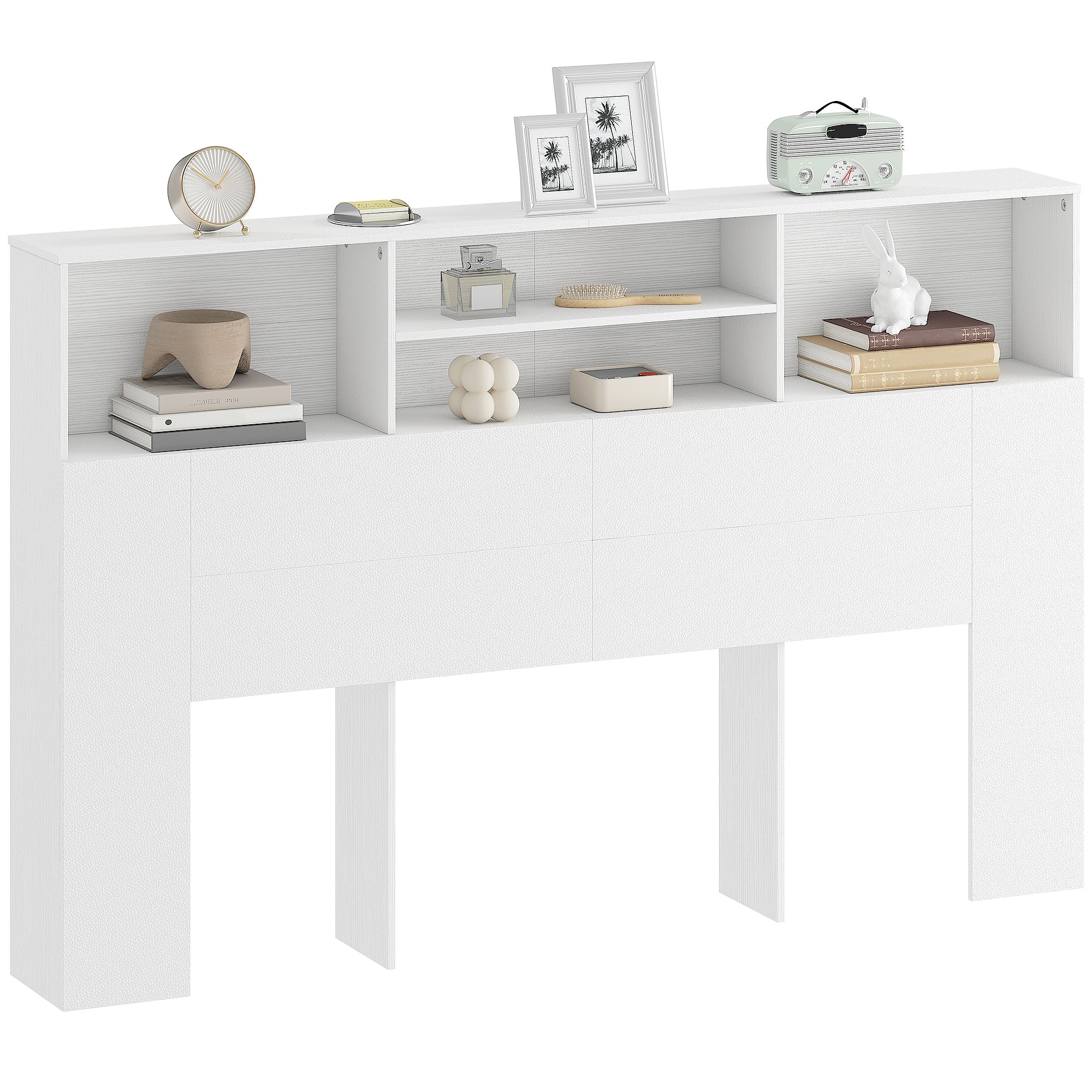 Tête de lit sur pied 160 cm avec rangements, accessoire de lit moderne avec 4 compartiments ouverts pour chambre, 160 x 20,2 x 108,2 cm, blanc