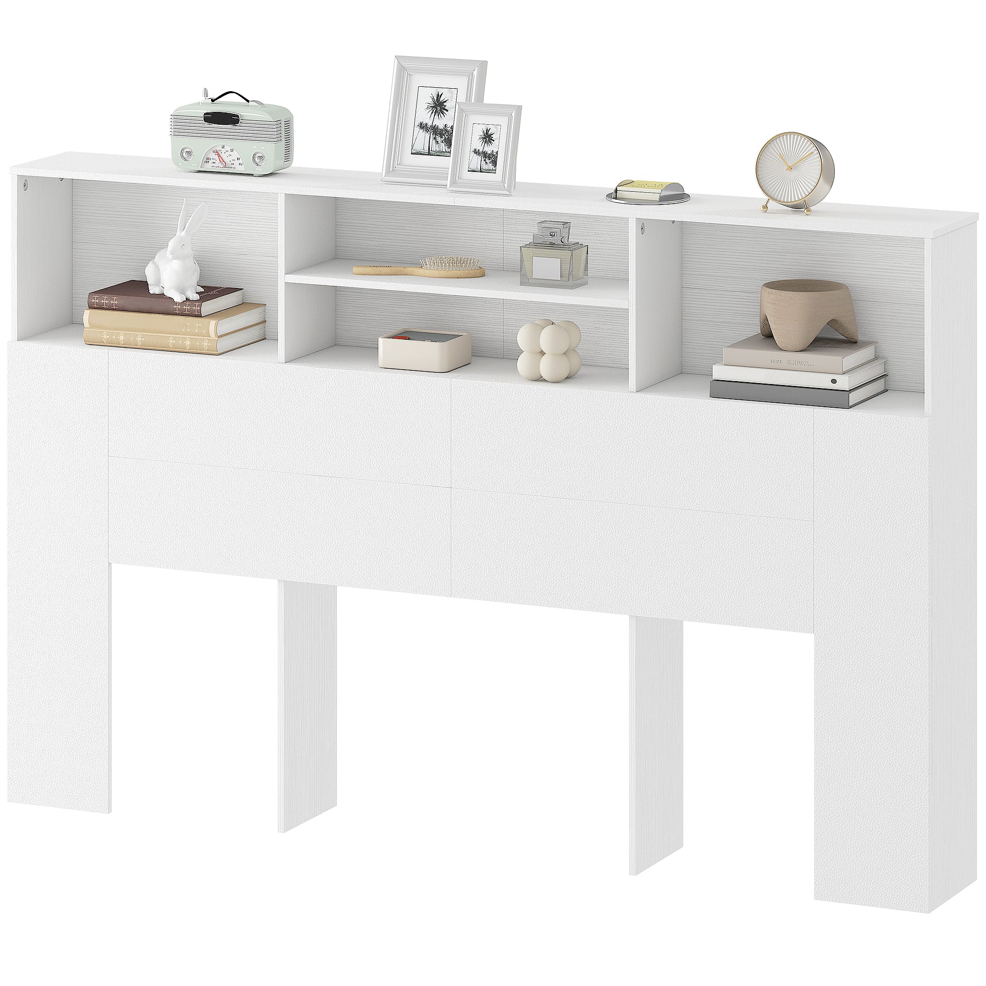 Tête de lit sur pied 160 cm avec rangements, accessoire de lit moderne avec 4 compartiments ouverts pour chambre, 160 x 20,2 x 108,2 cm, blanc