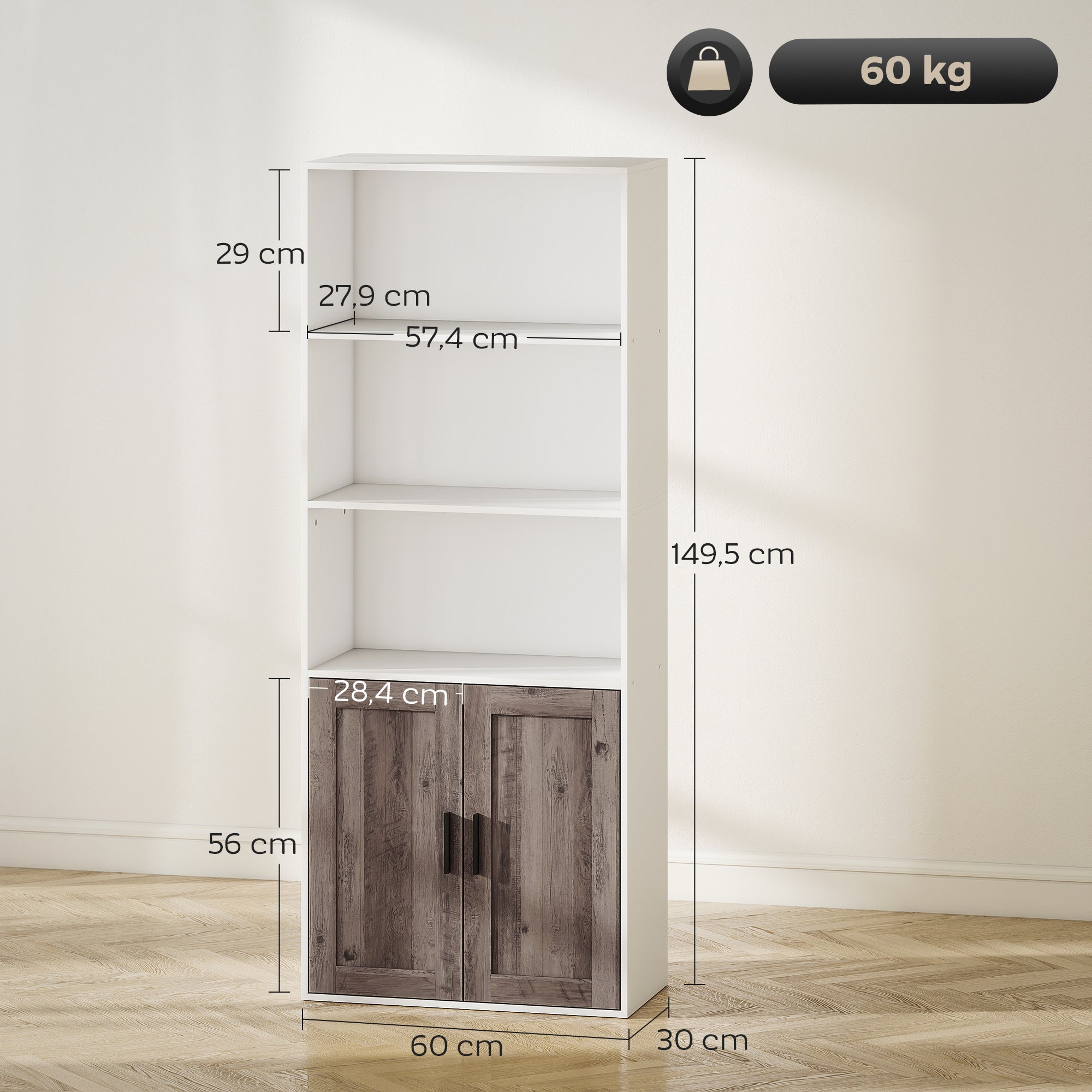 Bibliothèque meuble de rangement étagère à livres 5 niveaux avec compartiments ouverts et 1 placard, cadre en bois, pour salon, bureau, salle à manger, blanc