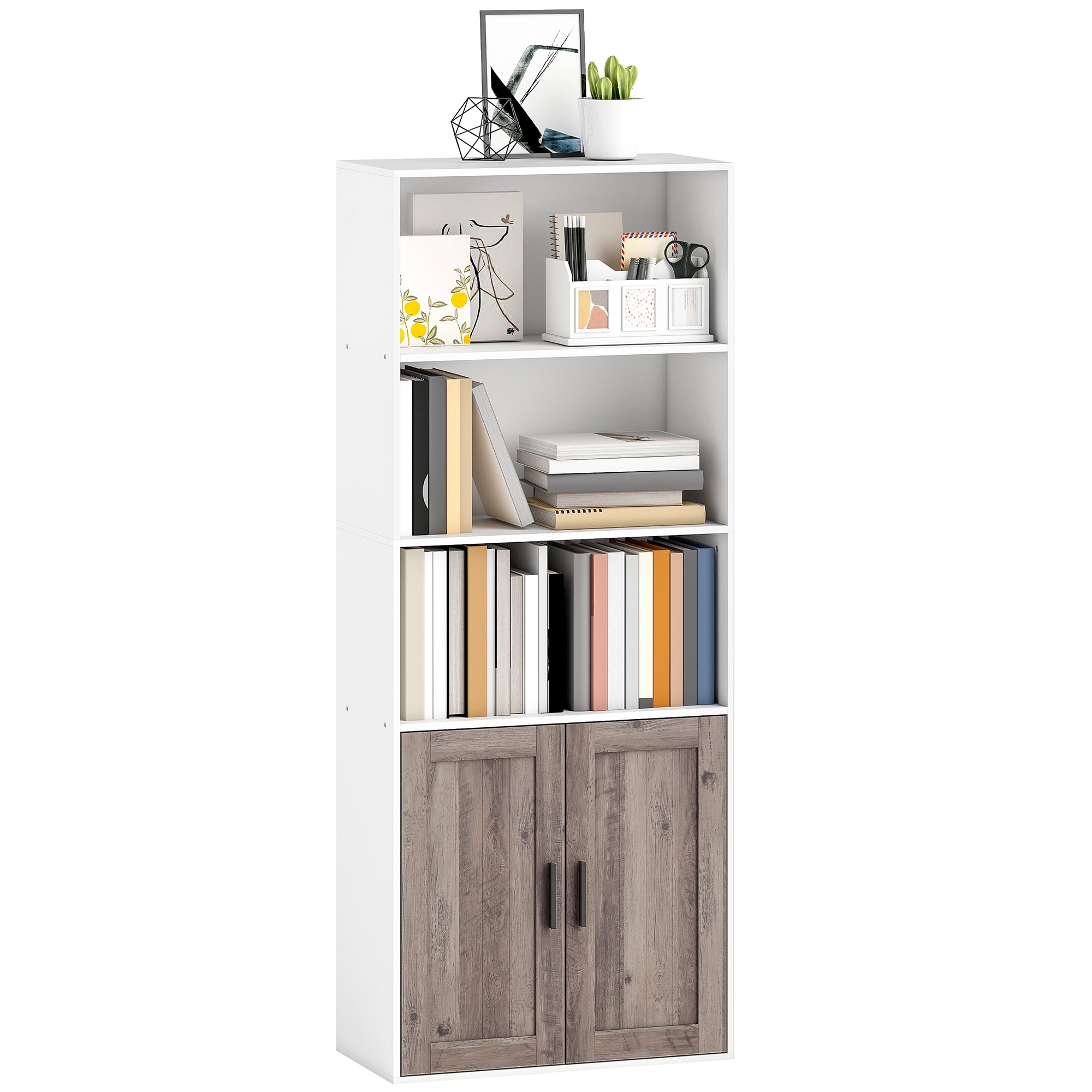 Bibliothèque meuble de rangement étagère à livres 5 niveaux avec compartiments ouverts et 1 placard, cadre en bois, pour salon, bureau, salle à manger, blanc
