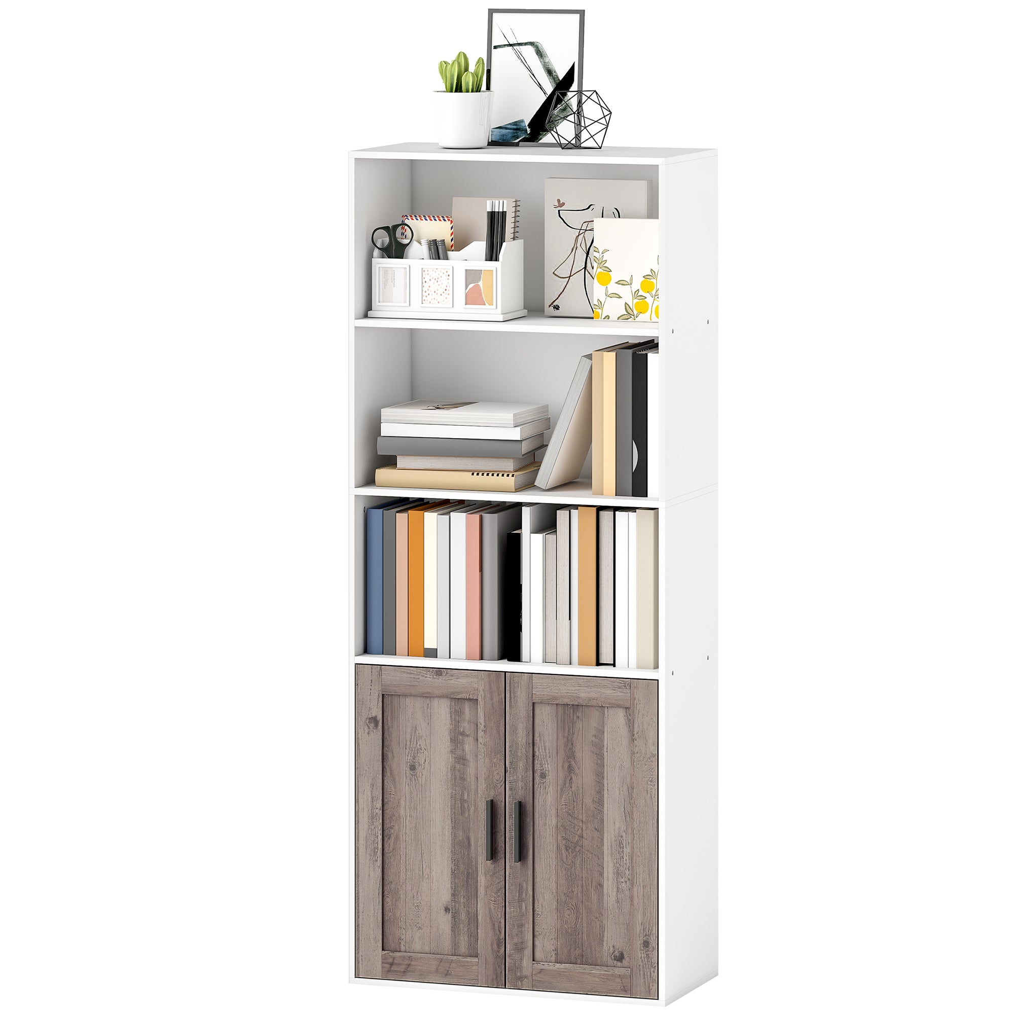 Bibliothèque meuble de rangement étagère à livres 5 niveaux avec compartiments ouverts et 1 placard, cadre en bois, pour salon, bureau, salle à manger, blanc