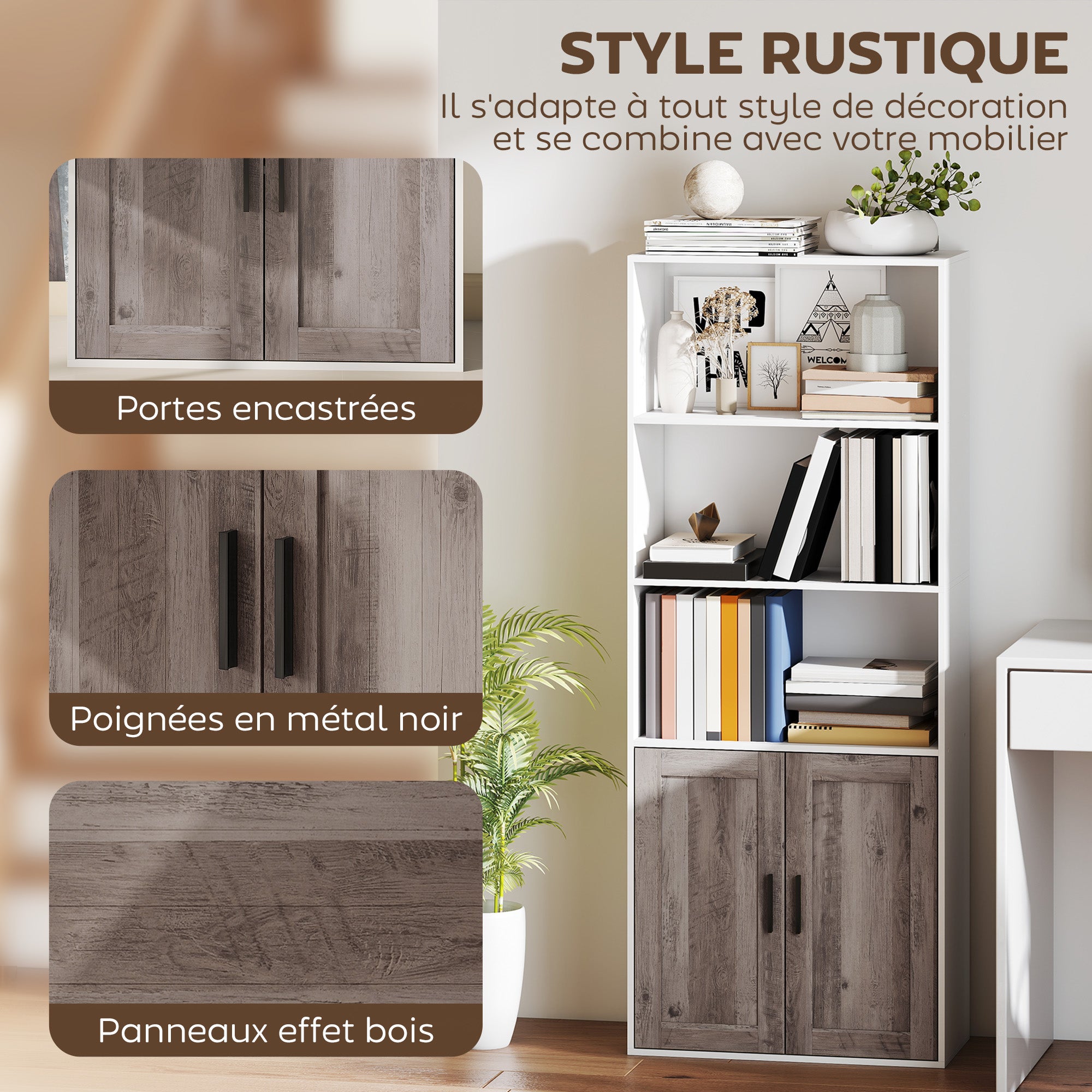 Bibliothèque meuble de rangement étagère à livres 5 niveaux avec compartiments ouverts et 1 placard, cadre en bois, pour salon, bureau, salle à manger, blanc