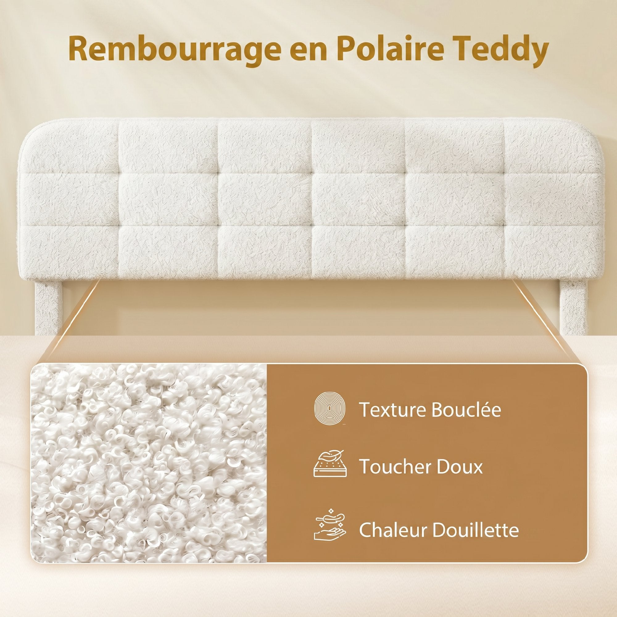 Cadre de lit 160 x 200 cm avec sommier, lit double rembourré en velours boucle, tête de lit réglable, support à lattes en bois, rangement au-dessous, sans bruit, montage facile, blanc