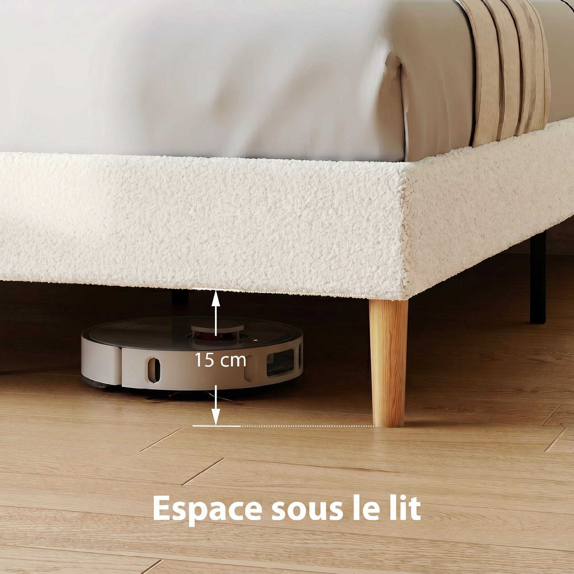 Cadre de lit 160 x 200 cm avec sommier, lit double rembourré en velours boucle, tête de lit réglable, support à lattes en bois, rangement au-dessous, sans bruit, montage facile, blanc