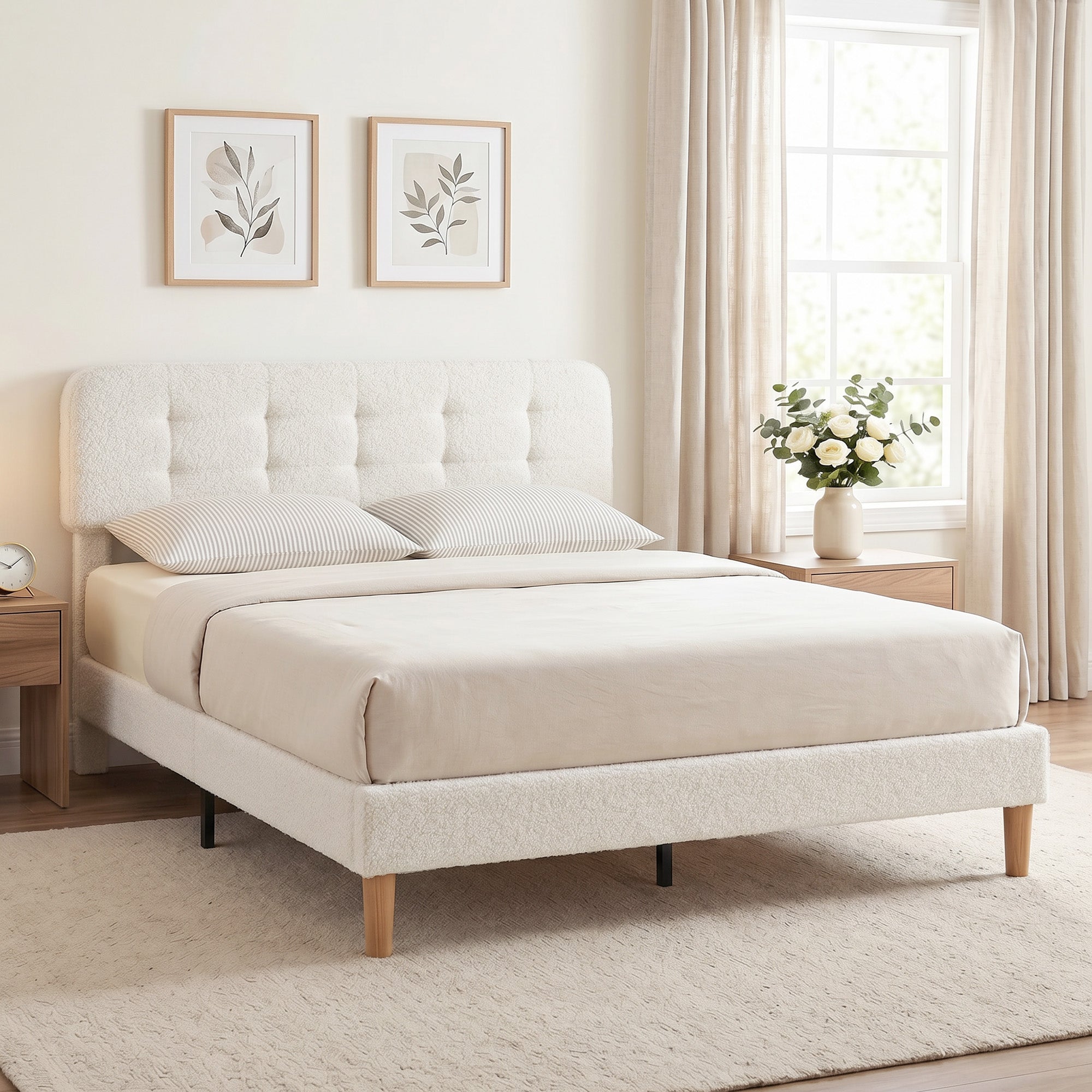 Cadre de lit 160 x 200 cm avec sommier, lit double rembourré en velours boucle, tête de lit réglable, support à lattes en bois, rangement au-dessous, sans bruit, montage facile, blanc