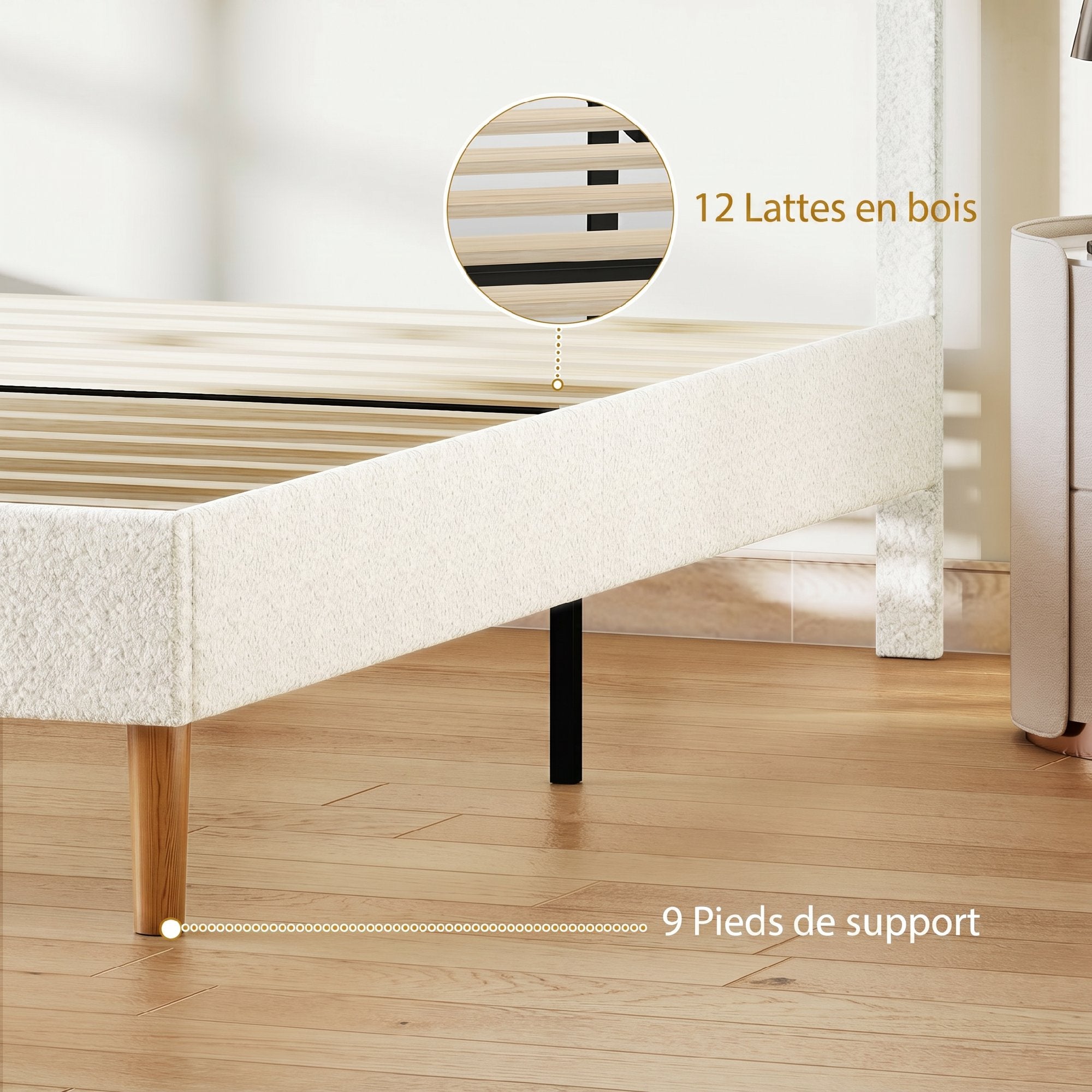 Cadre de lit 160 x 200 cm avec sommier, lit double rembourré en velours boucle, tête de lit réglable, support à lattes en bois, rangement au-dessous, sans bruit, montage facile, blanc