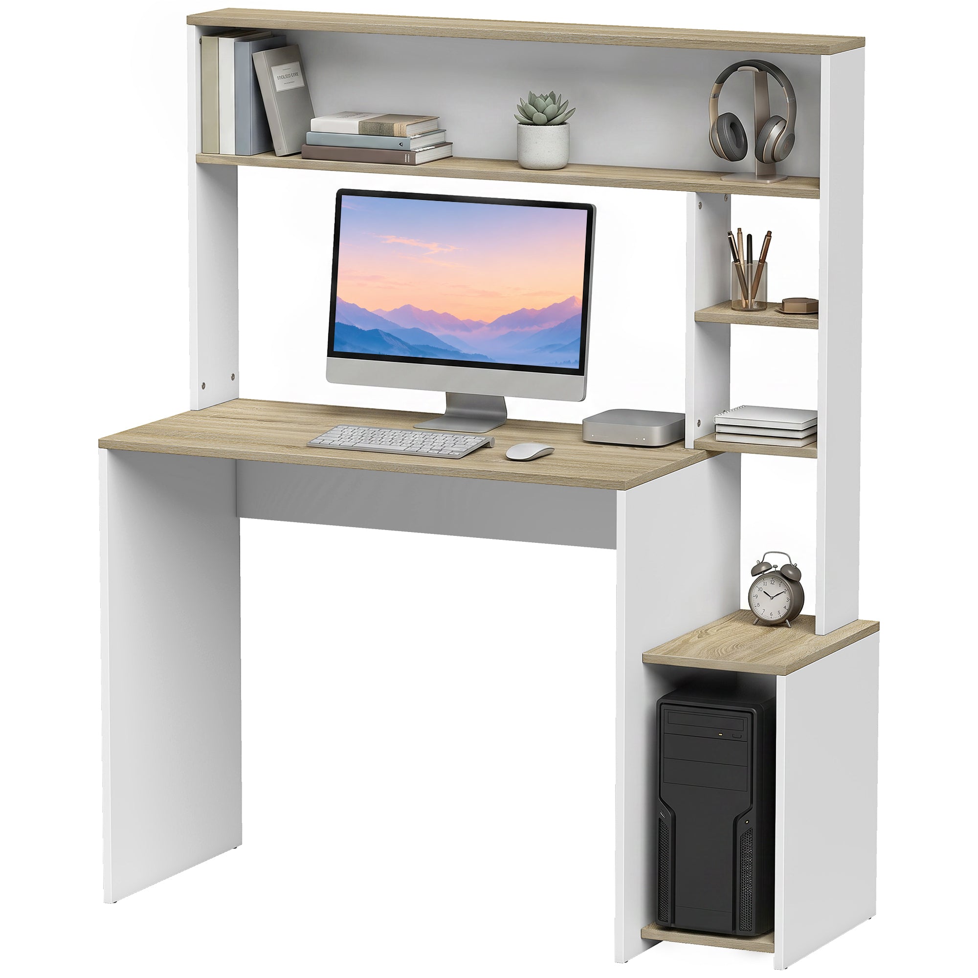 Bureau Informatique, 114x45x138cm, Bureau avec Rangement, Étagères Ouvertes, Large Plateau et Support UC, Table d'Ordinateur Moderne pour Chambre, Domicile, Petit Espace, Blanc et Bois Naturel