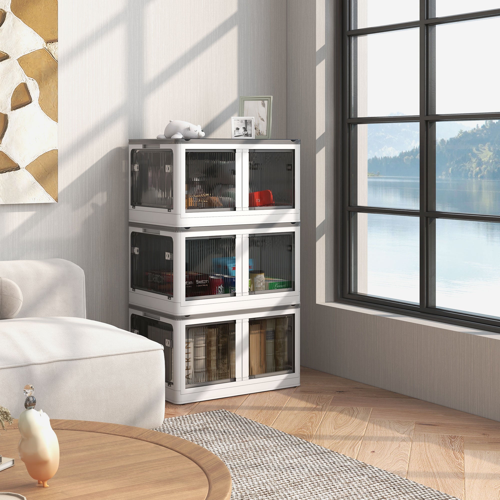 Boîtes de rangement pliables et empilables 69L en plastique, caisses rangement 3 cubes avec couvercle et 4 roulettes, accès à 5 côtés, pour jouets et livres, blanc